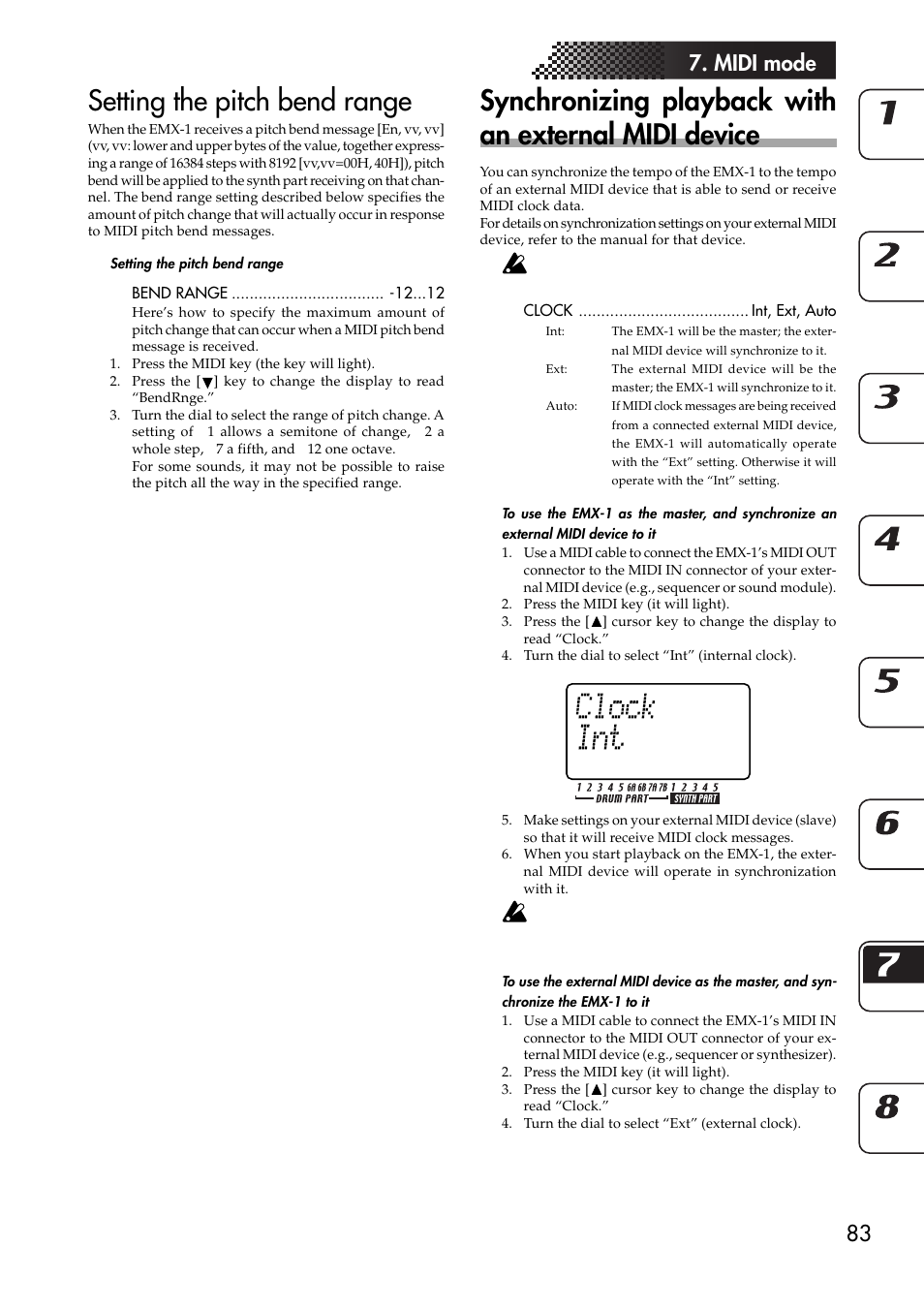 Setting the pitch bend range, Synchronizing playback with an, External midi device | To use the emx-1 as the master, and synchronize an, External midi device to it, To use the external midi device as the master, and, Synchronize the emx-1 to it, 83 7. midi mode | KORG EMX-1 User Manual | Page 83 / 99