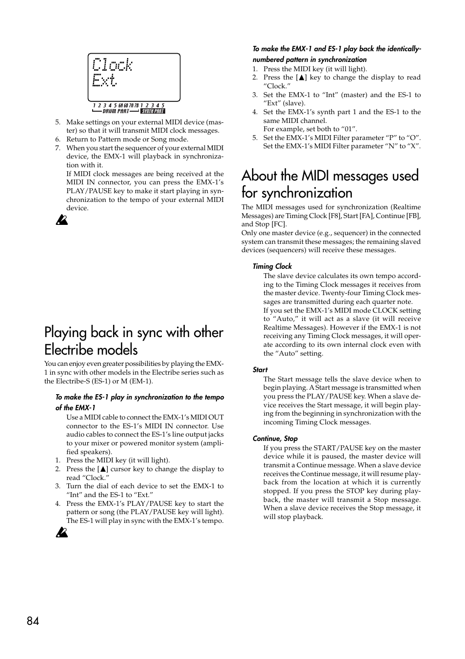 Playing back in sync with other electribe models, About the midi messages used for synchronization, Timing clock | Start, Continue, stop, Of the emx-1, Numbered pattern in synchronization, About the midi messages used for synchroniza- tion, Timing clock start continue, stop | KORG EMX-1 User Manual | Page 84 / 99