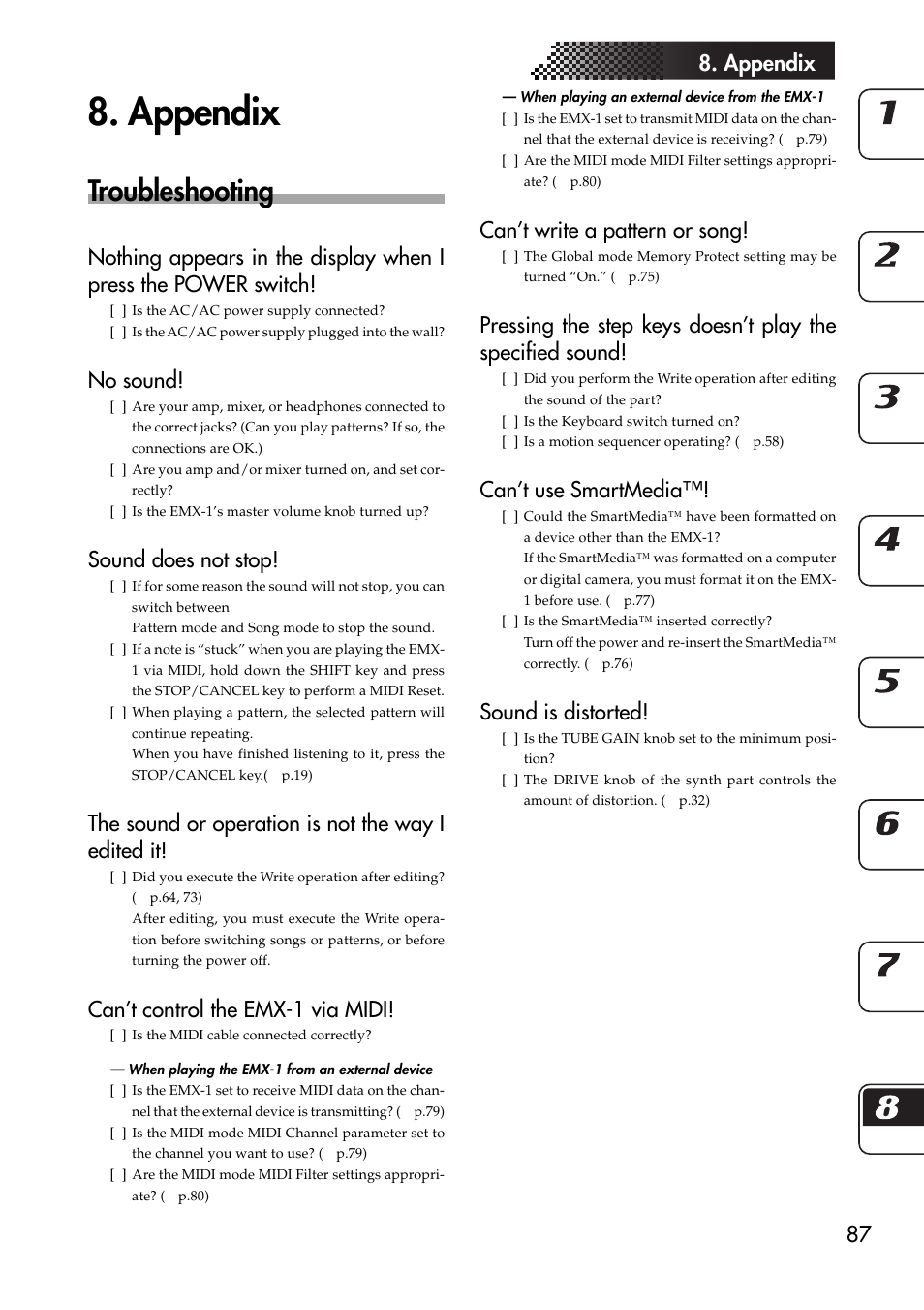 Appendix, Troubleshooting, 87 8. appendix | No sound, Sound does not stop, The sound or operation is not the way i edited it, Can’t control the emx-1 via midi, Can’t write a pattern or song, Can’t use smartmedia, Sound is distorted | KORG EMX-1 User Manual | Page 87 / 99