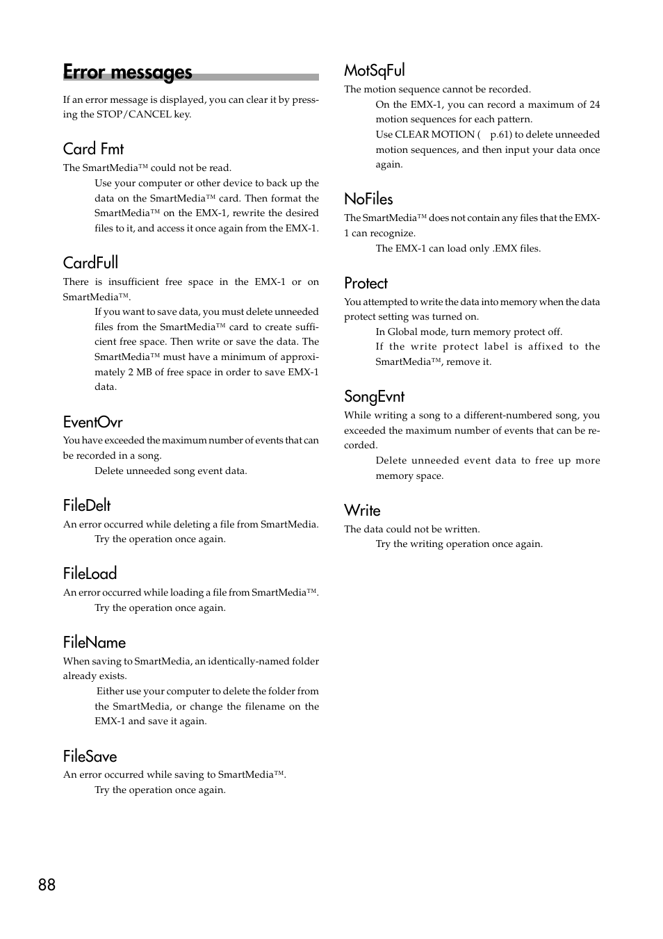 Error messages, Cardfull, Card fmt | Eventovr, Filedelt, Fileload, Filename, Filesave, Motsqful, Nofiles | KORG EMX-1 User Manual | Page 88 / 99