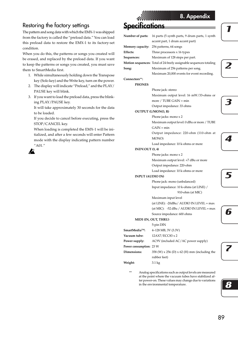 Restoring the factory settings, Specifications, 89 8. appendix restoring the factory settings | KORG EMX-1 User Manual | Page 89 / 99