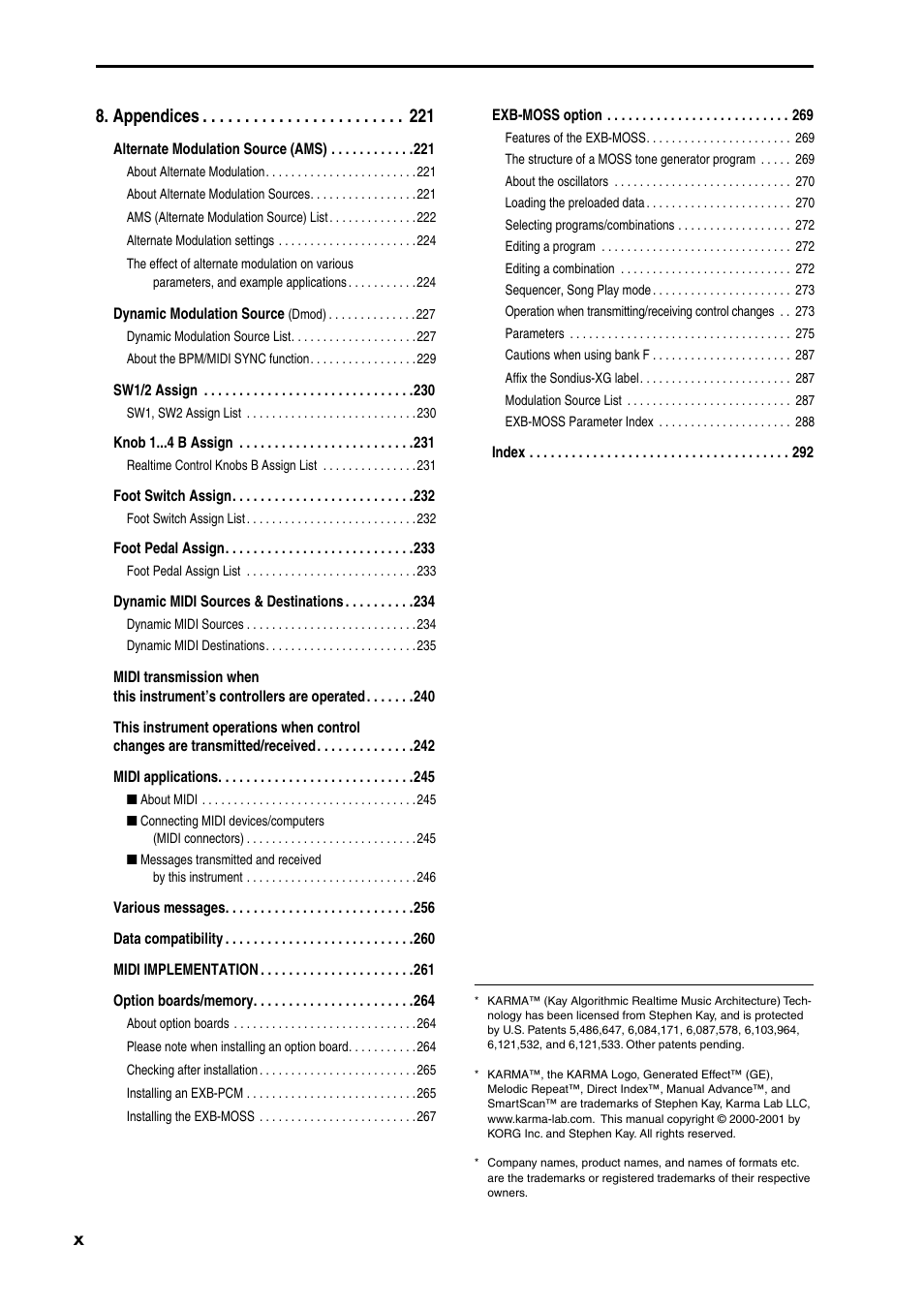 X 8. appendices | KORG TRITON STUDIO music workstation User Manual | Page 10 / 305