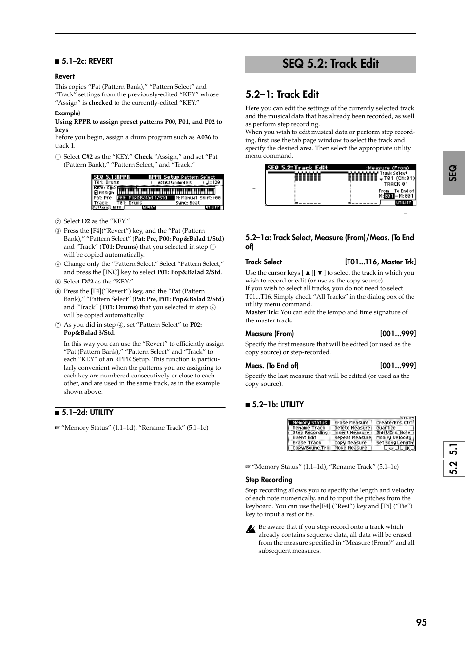 N 5.1–2d: utility, Seq 5.2: track edit, 2–1: track edit | 2–1a: track select, measure (from)/meas. (to end, N 5.2–1b: utility, P.95) | KORG TRITON STUDIO music workstation User Manual | Page 105 / 305