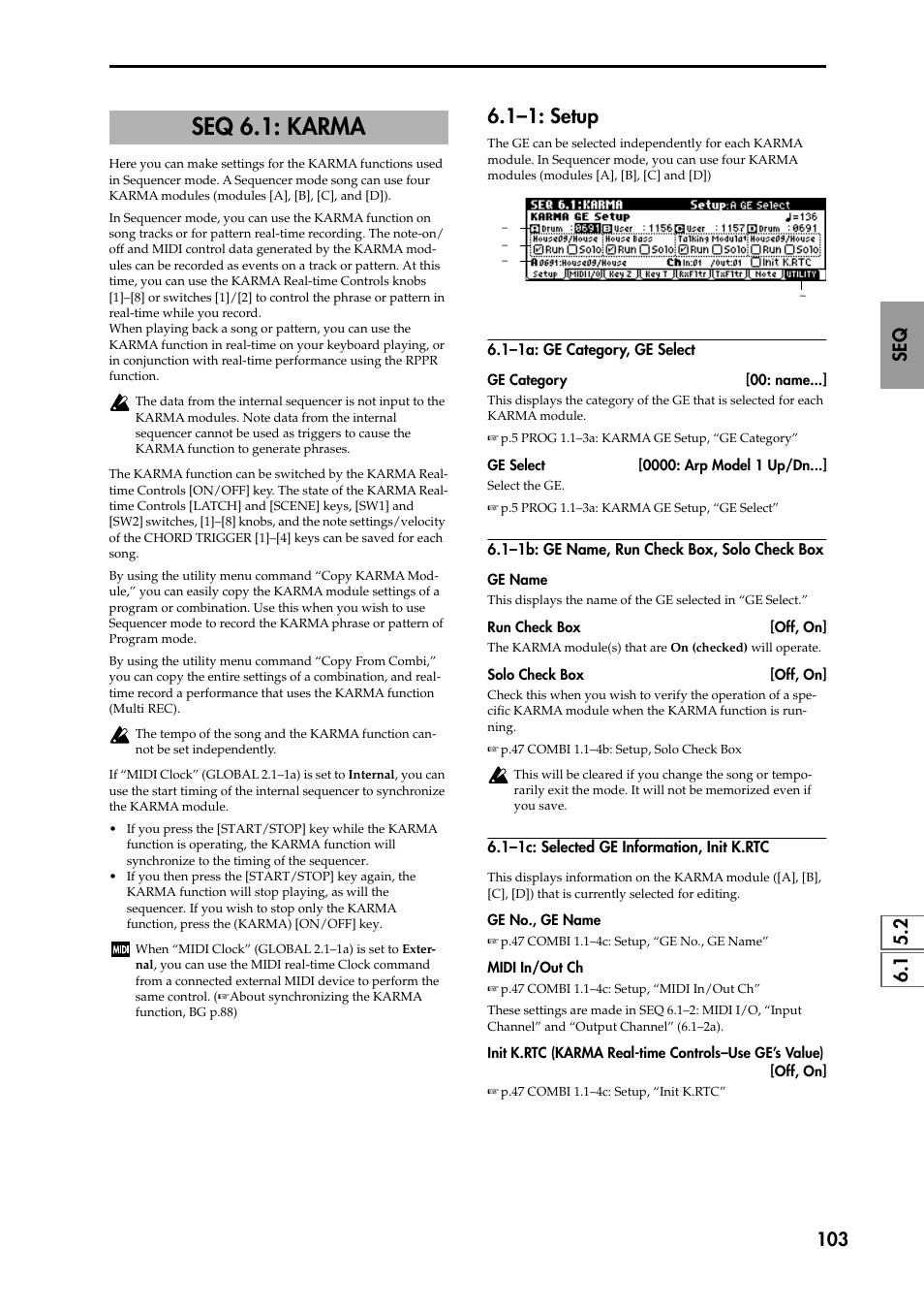 Seq 6.1: karma, 1–1a: ge category, ge select, 1–1b: ge name, run check box, solo check box | 1–1c: selected ge information, init k.rtc, 1–1: setup, P.103) | KORG TRITON STUDIO music workstation User Manual | Page 113 / 305