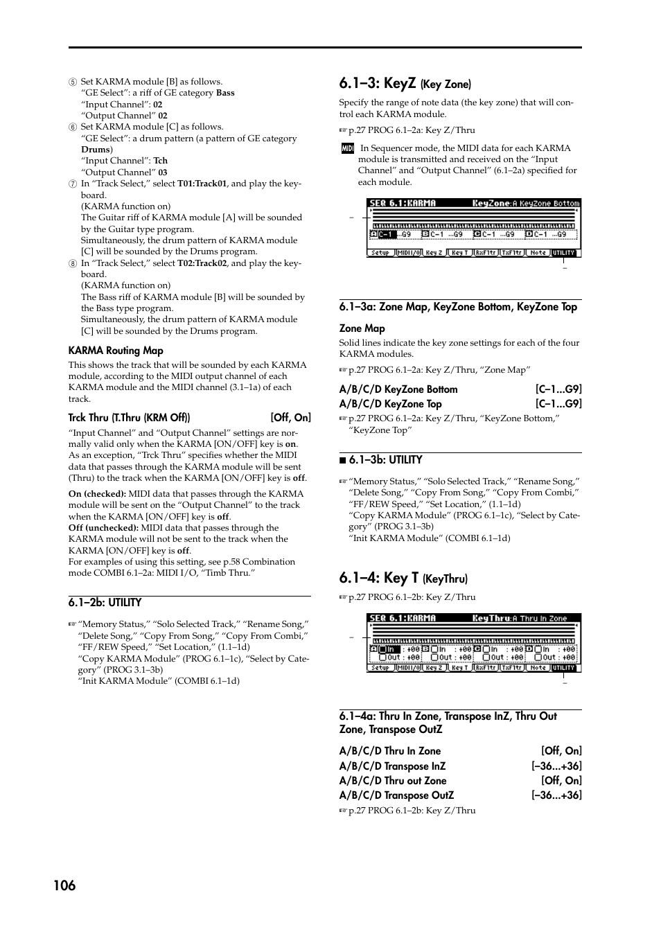 1–2b: utility, 1–3a: zone map, keyzone bottom, keyzone top, N 6.1–3b: utility | 1–4: key t (keythru), 1–4a: thru in zone, transpose inz, thru out zone, 1–3: keyz (key zone), 1–3: keyz, 1–4: key t | KORG TRITON STUDIO music workstation User Manual | Page 116 / 305