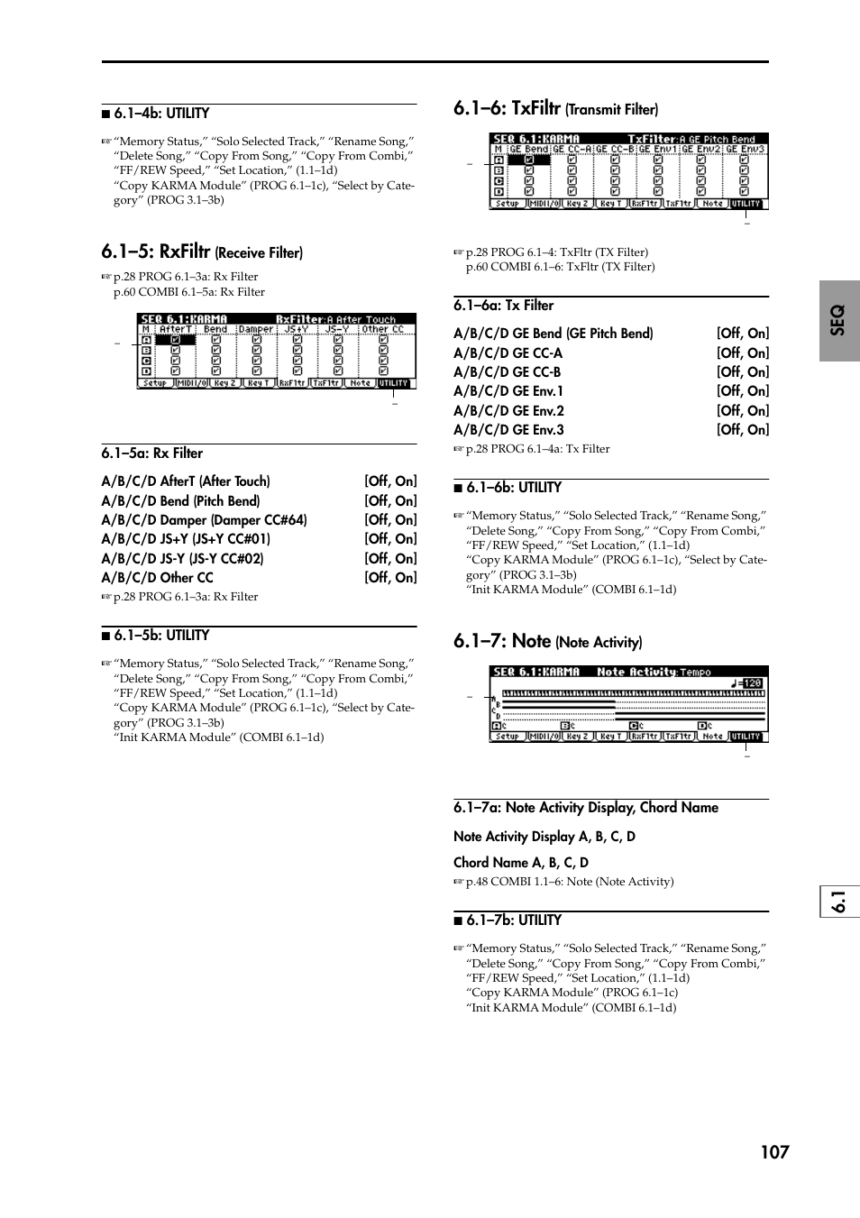 1–5: rxfiltr (receive filter), 1–5a: rx filter, N 6.1–5b: utility | 1–6a: tx filter, N 6.1–6b: utility, 1–7: note (note activity), 1–7a: note activity display, chord name, N 6.1–7b: utility, 1–6: txfiltr (transmit filter), 1–5: rxfiltr | KORG TRITON STUDIO music workstation User Manual | Page 117 / 305