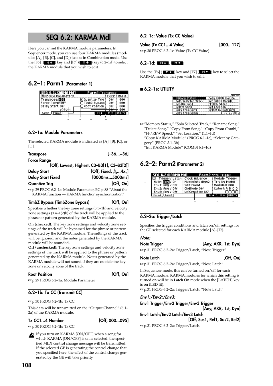Seq 6.2: karma mdl, 2–1: parm1 (parameter 1), 2–1a: module parameters | 2–1b: tx cc (transmit cc), 2–1c: value (tx cc value), 2–1d, N 6.2–1e: utility, 2–2: parm2 (parameter 2), 2–2a: trigger/latch, P.108) | KORG TRITON STUDIO music workstation User Manual | Page 118 / 305