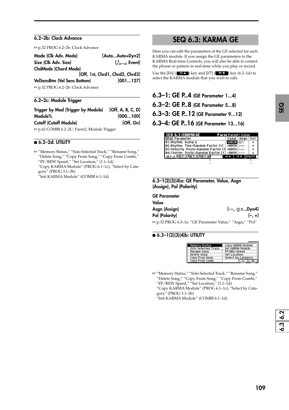 2–2c: module trigger, N 6.2–2d: utility, Seq 6.3: karma ge | 3–1: ge p (ge parameter 1 ), 3–2: ge p (ge parameter 5 ), 3–3: ge p (ge parameter 9 ), 3–4: ge p (ge parameter 13 ), 3–1(2)(3)(4)a: ge parameter, value, asgn (assign, N 6.3–1(2)(3)(4)b: utility, S.play 7.3: master fx | KORG TRITON STUDIO music workstation User Manual | Page 119 / 305