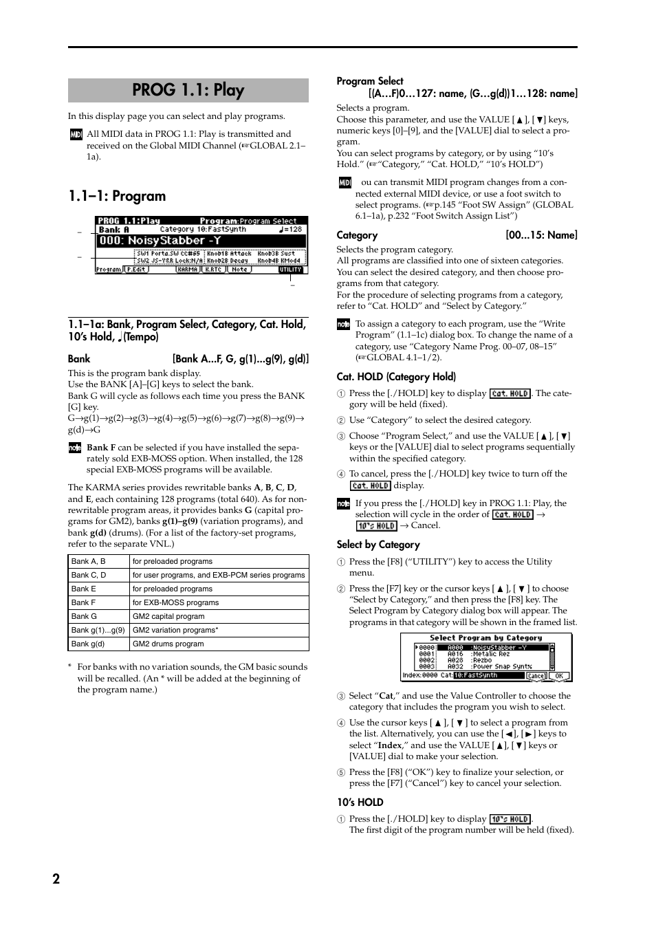 Prog 1.1: play, 1–1: program, 1–1a: bank, program select, category, cat. hold | P.2) | KORG TRITON STUDIO music workstation User Manual | Page 12 / 305