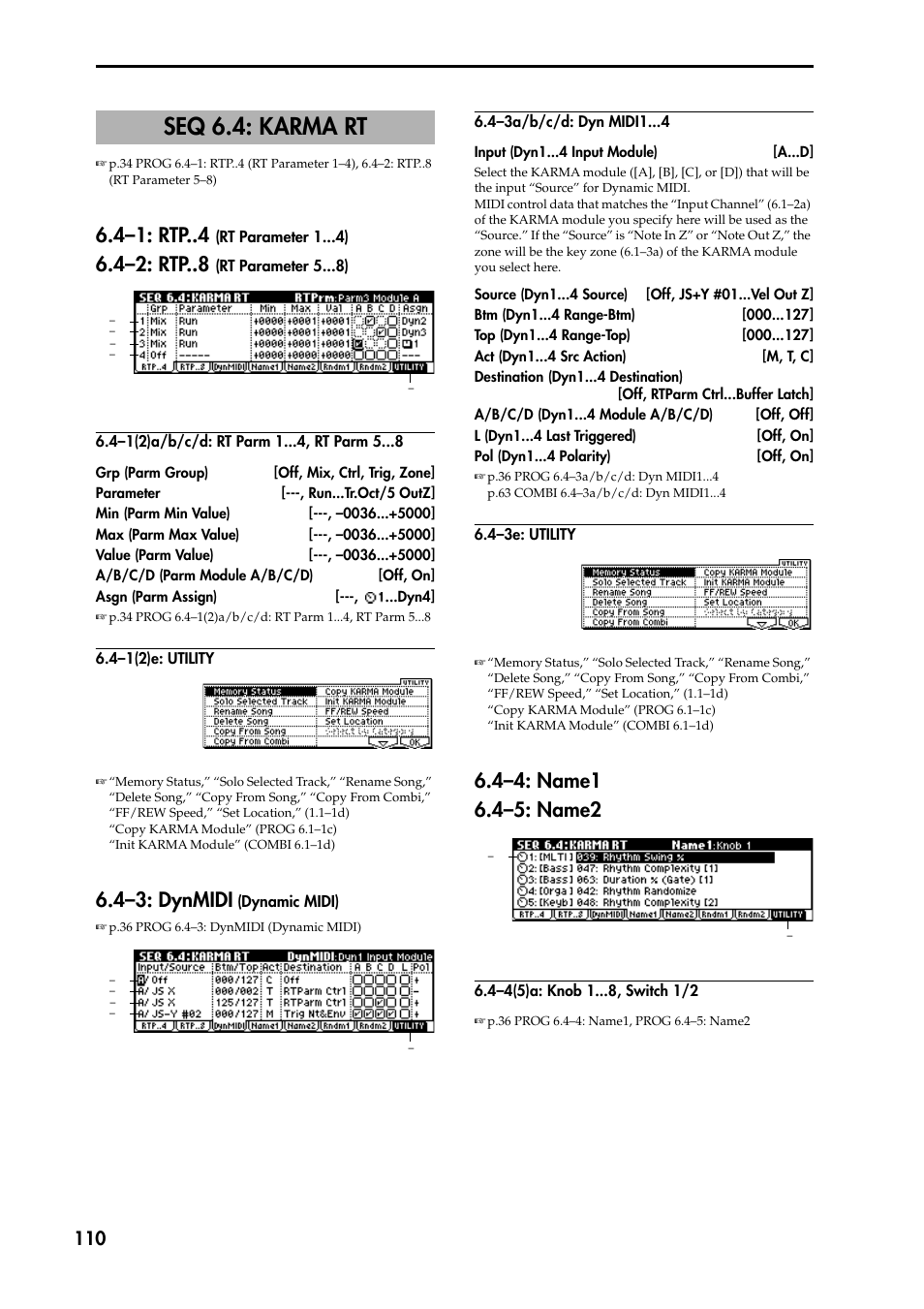 Seq 6.4: karma rt, 4–1: rtp (rt parameter 1 ), 4–2: rtp (rt parameter 5 ) | 4–1(2)a/b/c/d: rt parm 1 , rt parm 5, 4–1(2)e: utility, 4–3: dynmidi (dynamic midi), 4–3a/b/c/d: dyn midi1, 4–3e: utility, 4–4: name1, 4–5: name2 | KORG TRITON STUDIO music workstation User Manual | Page 120 / 305