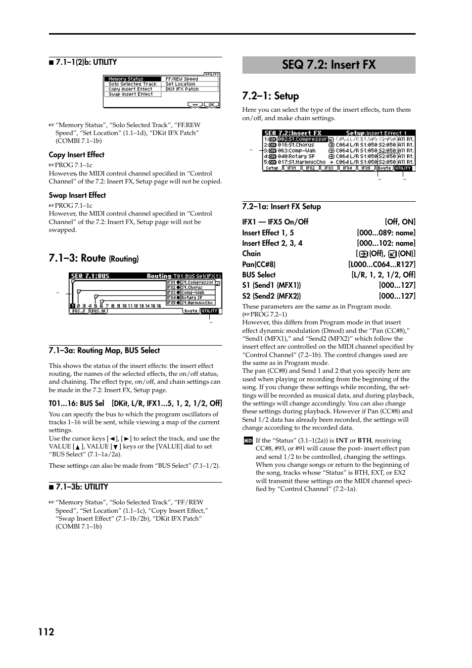 1–3: route (routing), 1–3a: routing map, bus select, N 7.1–3b: utility | Seq 7.2: insert fx, 2–1: setup, 2–1a: insert fx setup, P.112), 1–3: route | KORG TRITON STUDIO music workstation User Manual | Page 122 / 305