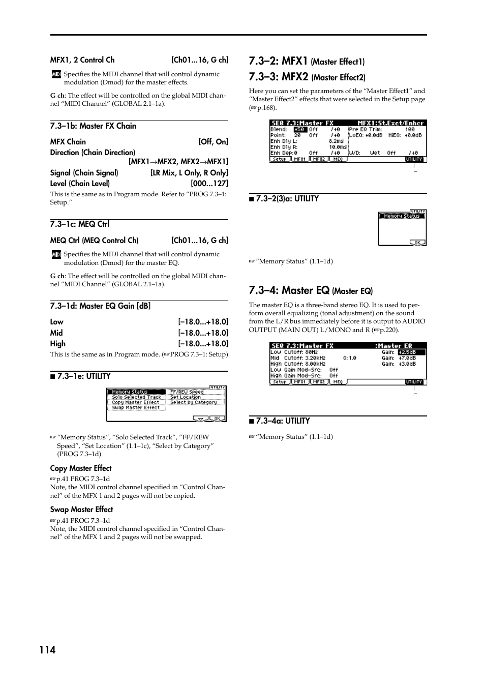 3–1b: master fx chain, 3–1c: meq ctrl, 3–1d: master eq gain [db | N 7.3–1e: utility, 3–3: mfx2 (master effect2), N 7.3–2(3)a: utility, 3–4: master eq (master eq), N 7.3–4a: utility, 3–2: mfx1 (master effect1), 3–2: mfx1 | KORG TRITON STUDIO music workstation User Manual | Page 124 / 305