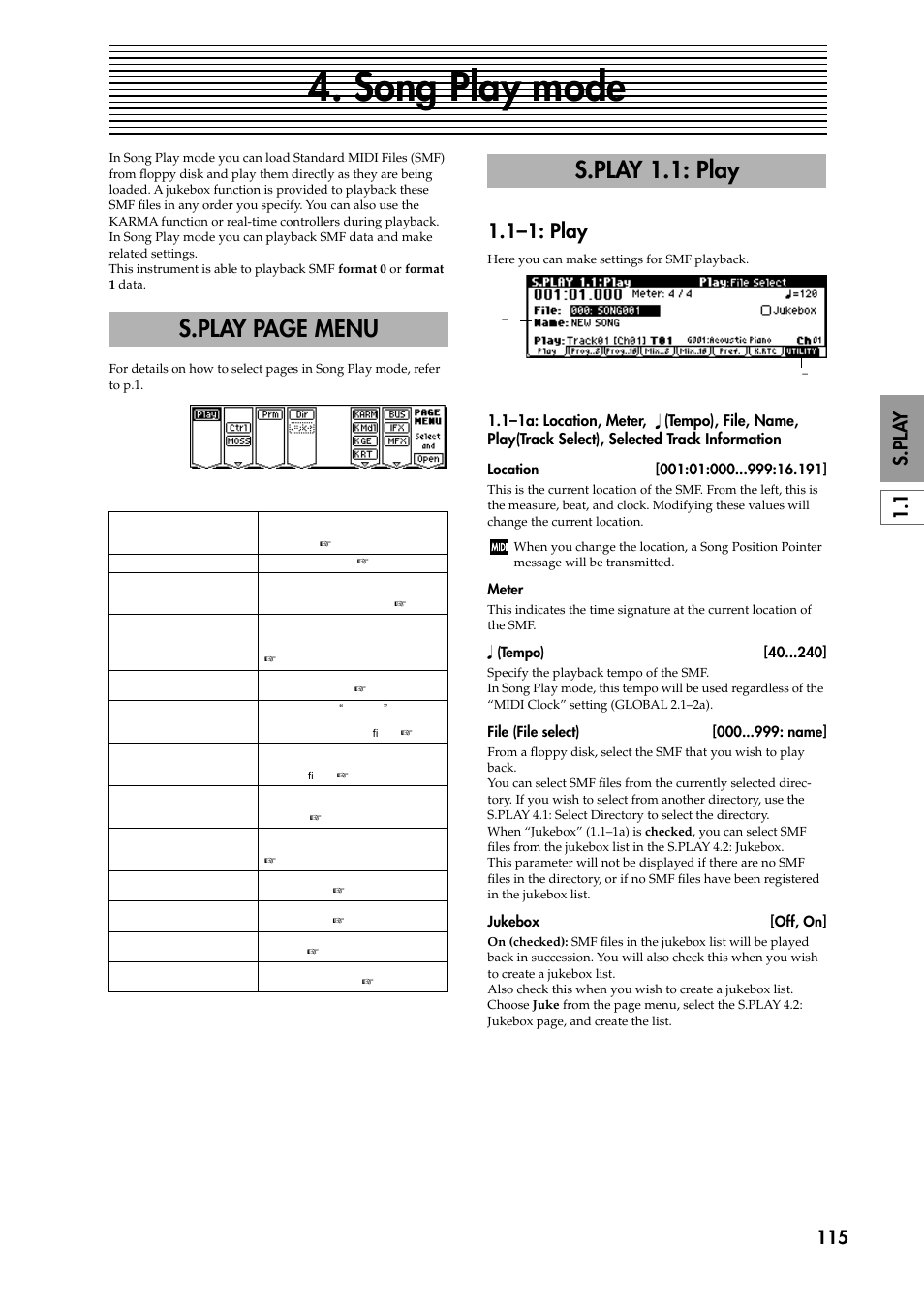 Song play mode, S.play 1.1: play, 1–1: play | 1–1a: location, meter, (tempo), file, name, play, S.play page menu | KORG TRITON STUDIO music workstation User Manual | Page 125 / 305