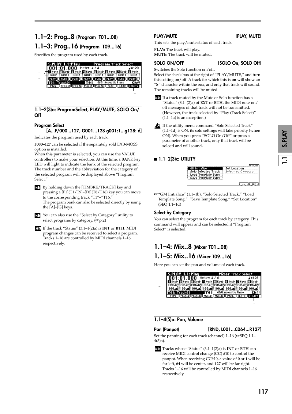 1–2: prog (program t01 ), 1–3: prog (program t09 ), 1–2(3)a: programselect, play/mute, solo on/ off | N 1.1–2(3)c: utility, 1–4: mix (mixer t01 ), 1–5: mix (mixer t09 ), 1–4(5)a: pan, volume, 1–2: prog, 1–3: prog, 1–4: mix | KORG TRITON STUDIO music workstation User Manual | Page 127 / 305