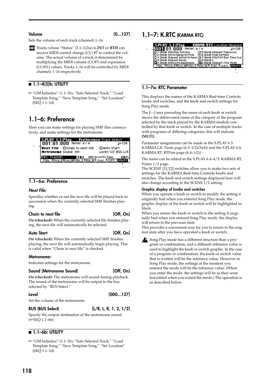 N 1.1–4(5)b: utility, 1–6: preference, 1–6a: preference | N 1.1–6b: utility, 1–7: k.rtc (karma rtc), 1–7a: rtc parameter, 1–7: k.rtc | KORG TRITON STUDIO music workstation User Manual | Page 128 / 305