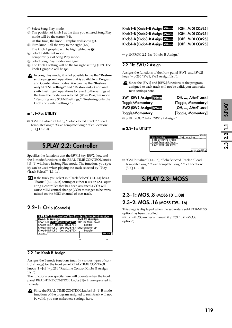 N 1.1–7b: utility, S.play 2.2: controller, 2–1: ctrls (controls) | 2–1a: knob b-assign, 2–1b: sw1/2 assign, N 2.2–1c: utility, S.play 2.3: moss, 3–1: mos (moss t01 ), 3–2: mos (moss t09 ), P.119) | KORG TRITON STUDIO music workstation User Manual | Page 129 / 305