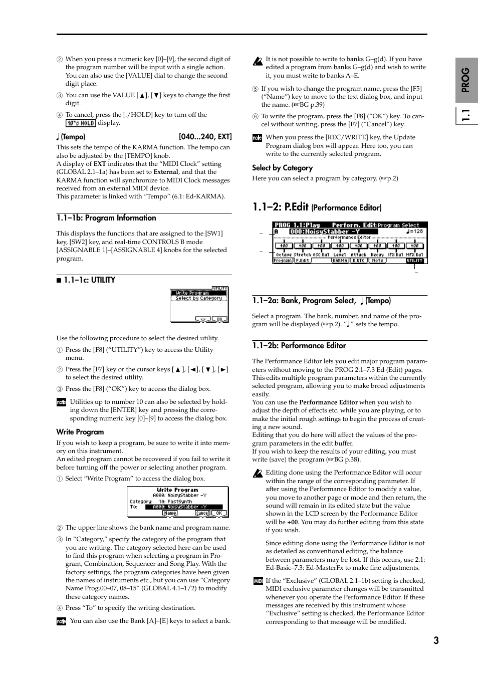 1–1b: program information, N 1.1–1c: utility, 1–2: p.edit (performance editor) | 1–2a: bank, program select, (tempo), 1–2b: performance editor, 1–2: p.edit | KORG TRITON STUDIO music workstation User Manual | Page 13 / 305