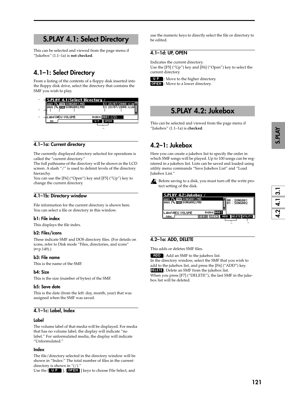 S.play 4.1: select directory, 1–1: select directory, 1–1a: current directory | 1–1b: directory window, 1–1c: label, index, 1–1d: up, open, S.play 4.2: jukebox, 2–1: jukebox, 2–1a: add, delete, P.121) | KORG TRITON STUDIO music workstation User Manual | Page 131 / 305