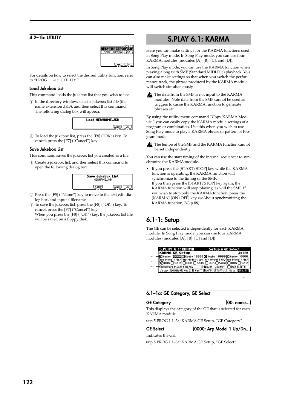 S.play 6.1: karma, 1: setup, 1–1a: ge category, ge select | P.122) | KORG TRITON STUDIO music workstation User Manual | Page 132 / 305