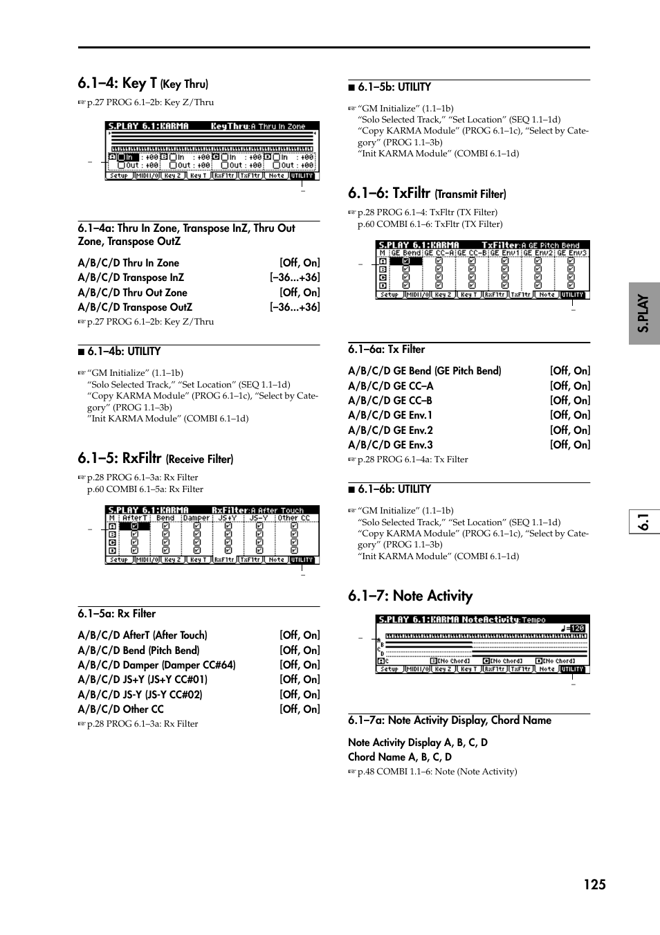 1–4a: thru in zone, transpose inz, thru out zone, N 6.1–4b: utility, 1–5: rxfiltr (receive filter) | 1–5a: rx filter, 1–6: txfiltr (transmit filter), 1–6a: tx filter, N 6.1–6b: utility, 1–7: note activity, 1–7a: note activity display, chord name, 1–4: key t (key thru) | KORG TRITON STUDIO music workstation User Manual | Page 135 / 305