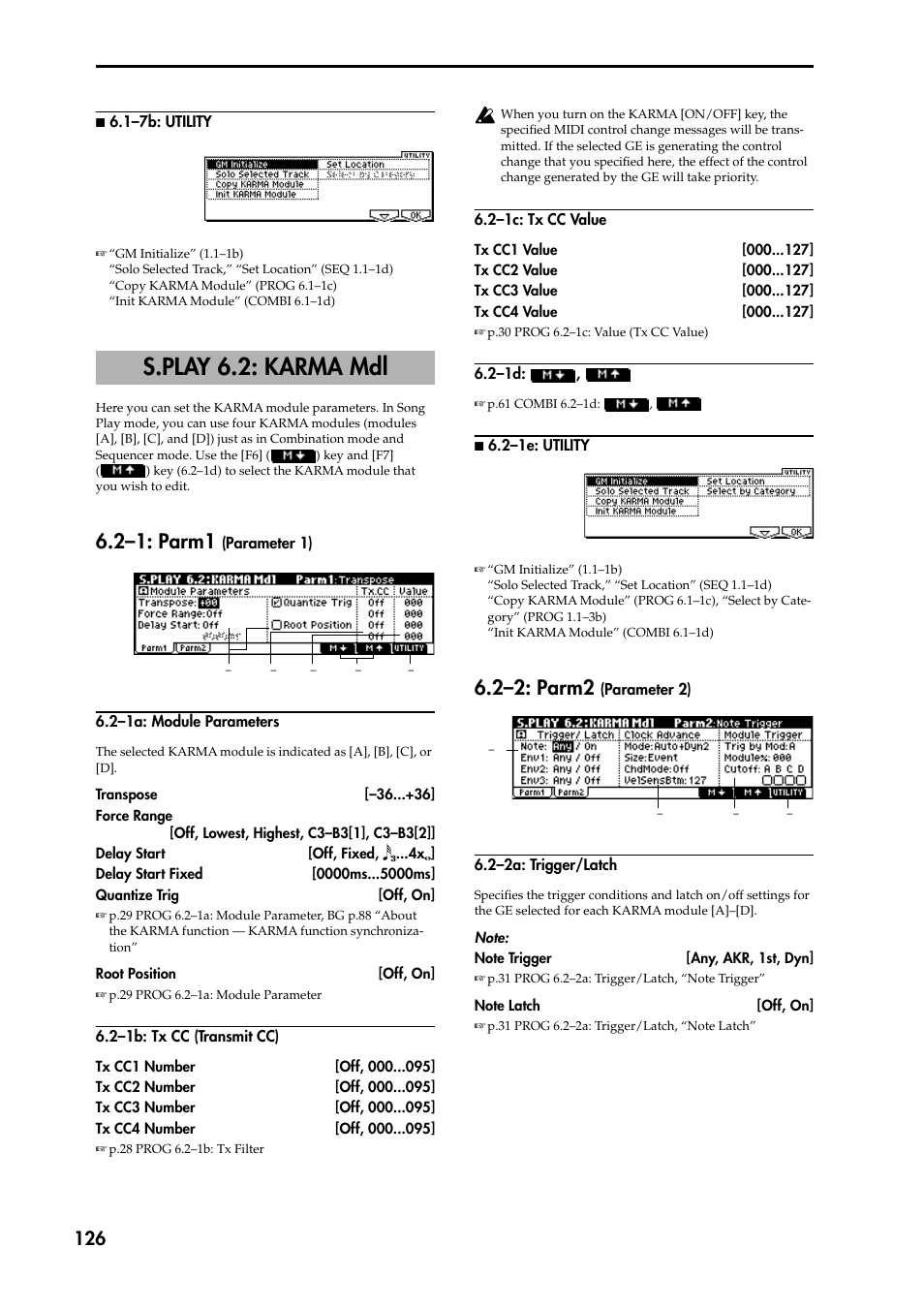 S.play 6.2: karma mdl, 2–1: parm1 (parameter 1), 2–1a: module parameters | 2–1b: tx cc (transmit cc), 2–1c: tx cc value, 2–1d, N 6.2–1e: utility, 2–2: parm2 (parameter 2), 2–2a: trigger/latch, P.126) | KORG TRITON STUDIO music workstation User Manual | Page 136 / 305