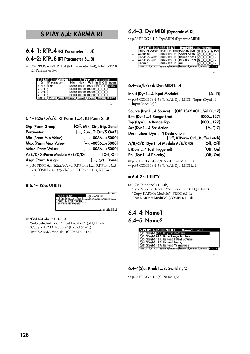 S.play 6.4: karma rt, 4–1: rtp (rt parameter 1 ), 4–2: rtp (rt parameter 5 ) | 4–1(2)a/b/c/d: rt parm 1 , rt parm 5, N 6.4–1(2)e: utility, 4–3a/b/c/d: dyn midi1, N 6.4–3e: utility, 4–4: name1, 4–5: name2, 4–4(5)a: knob1 , switch1, 2 | KORG TRITON STUDIO music workstation User Manual | Page 138 / 305