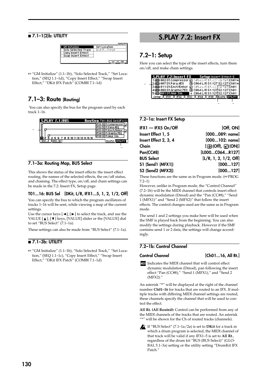 1–3: route (routing), 1–3a: routing map, bus select, N 7.1–3b: utility | S.play 7.2: insert fx, 2–1: setup, 2–1a: insert fx setup, 2–1b: control channel, P.130), 1–3: route | KORG TRITON STUDIO music workstation User Manual | Page 140 / 305