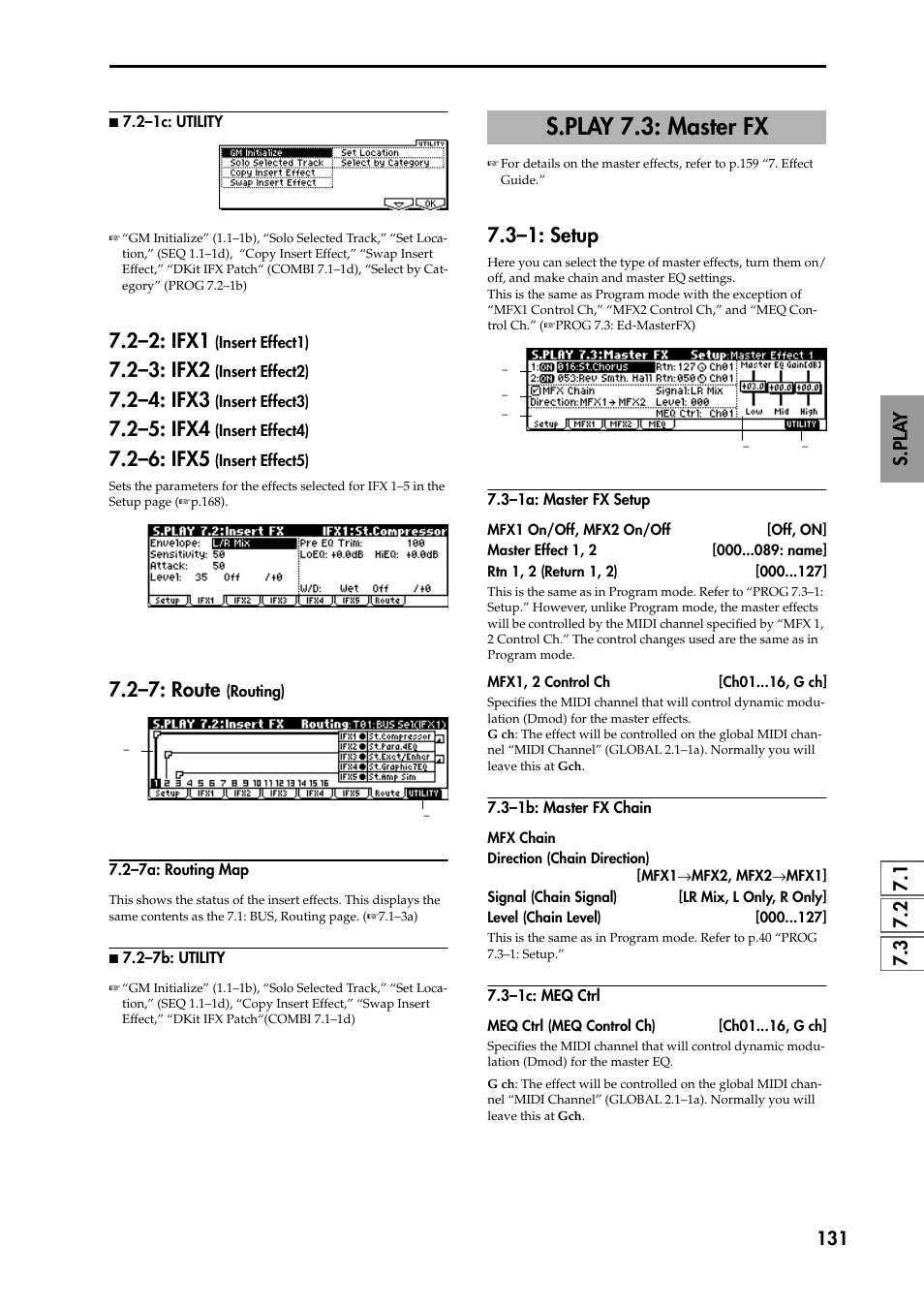 N 7.2–1c: utility, 2–2: ifx1 (insert effect1), 2–3: ifx2 (insert effect2) | 2–4: ifx3 (insert effect3), 2–5: ifx4 (insert effect4), 2–6: ifx5 (insert effect5), 2–7: route (routing), 2–7a: routing map, N 7.2–7b: utility, S.play 7.3: master fx | KORG TRITON STUDIO music workstation User Manual | Page 141 / 305