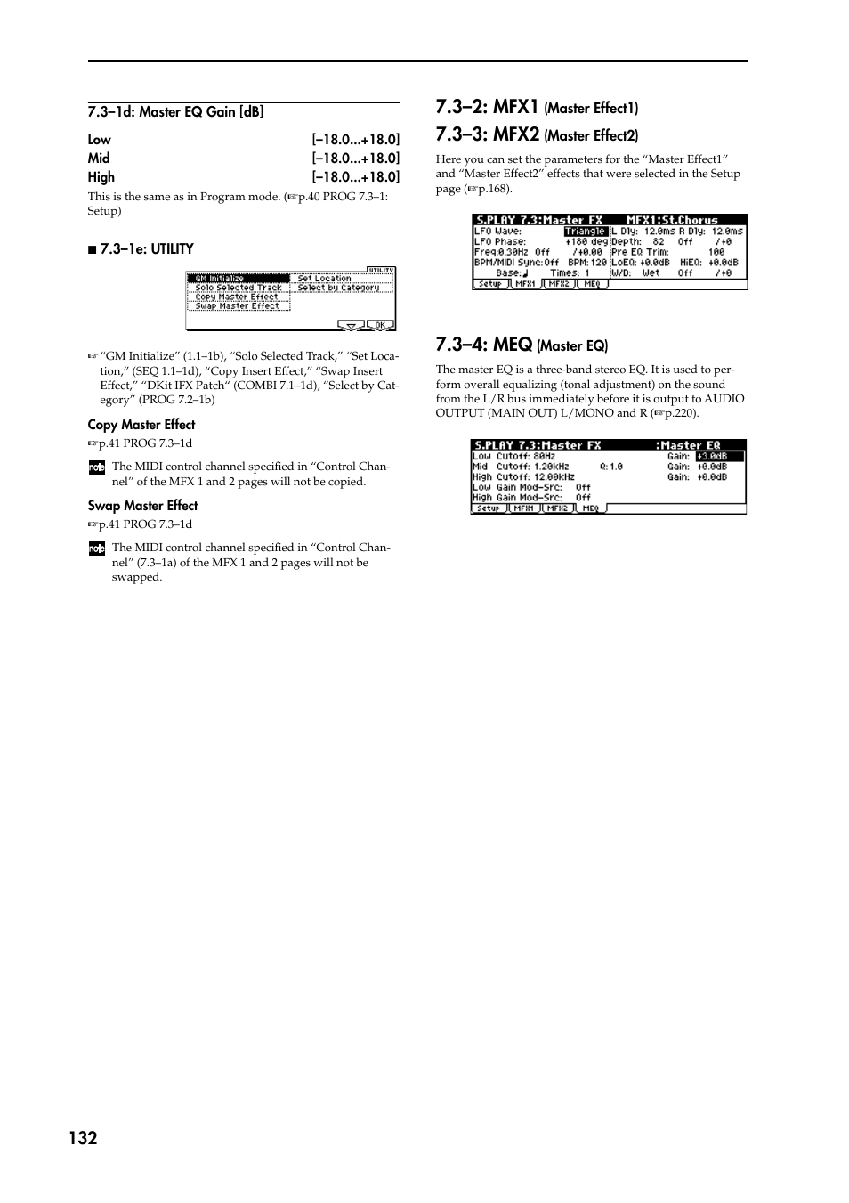 3–1d: master eq gain [db, N 7.3–1e: utility, 3–3: mfx2 (master effect2) | 3–4: meq (master eq), 3–2: mfx1 (master effect1), 3–2: mfx1, 3–3: mfx2, 3–4: meq | KORG TRITON STUDIO music workstation User Manual | Page 142 / 305