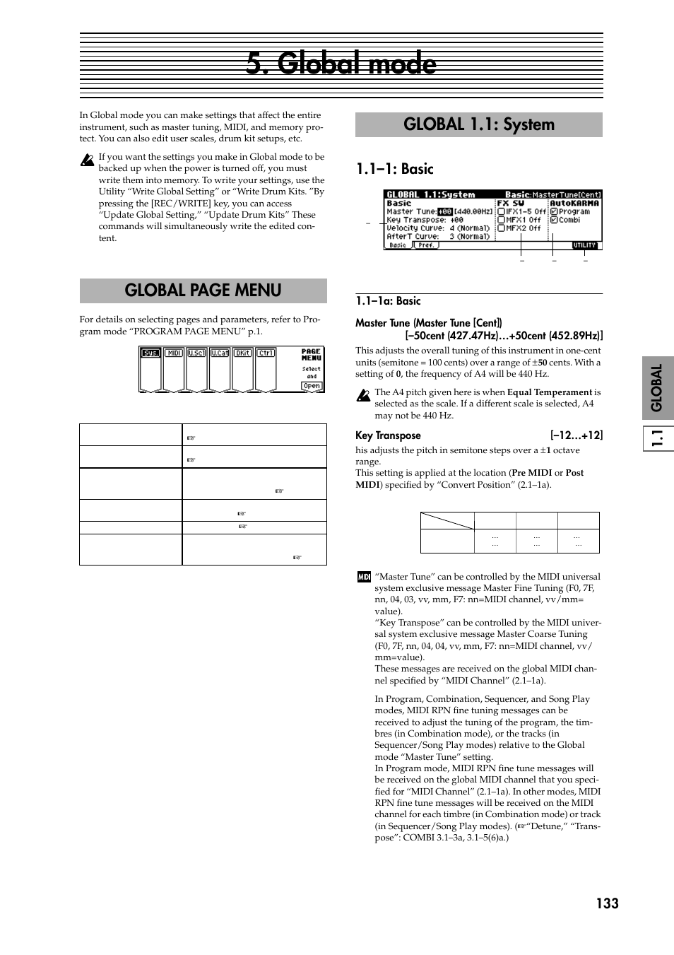 Global mode, Global 1.1: system, 1–1: basic | 1–1a: basic, Global page menu | KORG TRITON STUDIO music workstation User Manual | Page 143 / 305