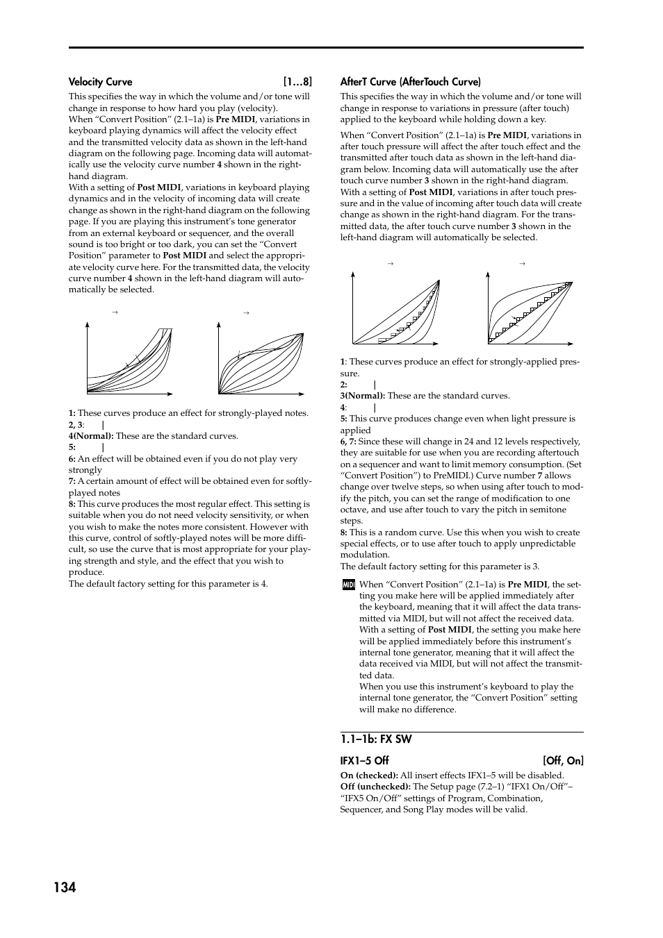 1–1b: fx sw, Velocity curve [1…8, Aftert curve (aftertouch curve) | Ifx1–5 off [off, on | KORG TRITON STUDIO music workstation User Manual | Page 144 / 305