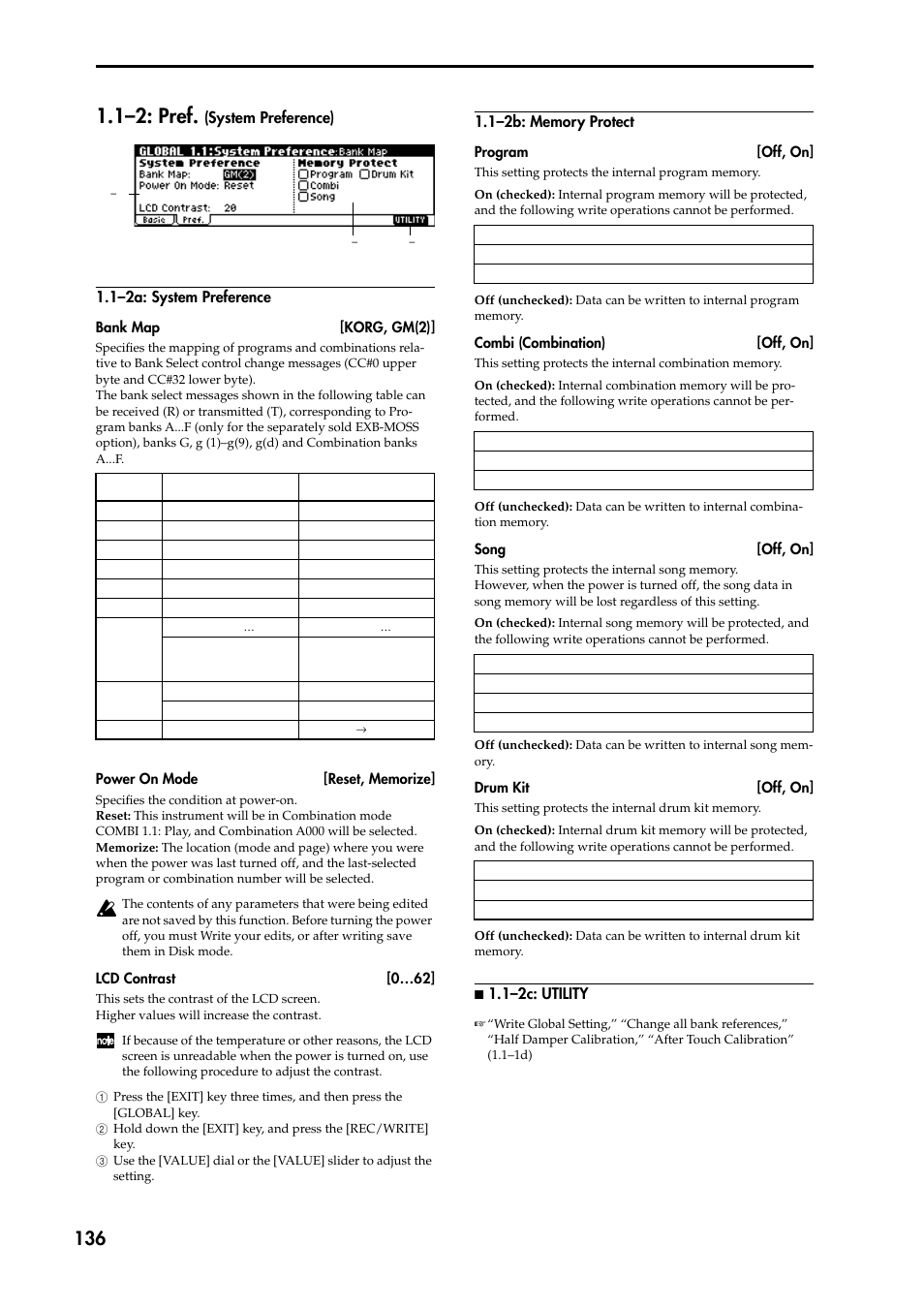 1–2a: system preference, 1–2b: memory protect, N 1.1–2c: utility | 1–2: pref. (system preference), 1–2: pref, System preference) | KORG TRITON STUDIO music workstation User Manual | Page 146 / 305