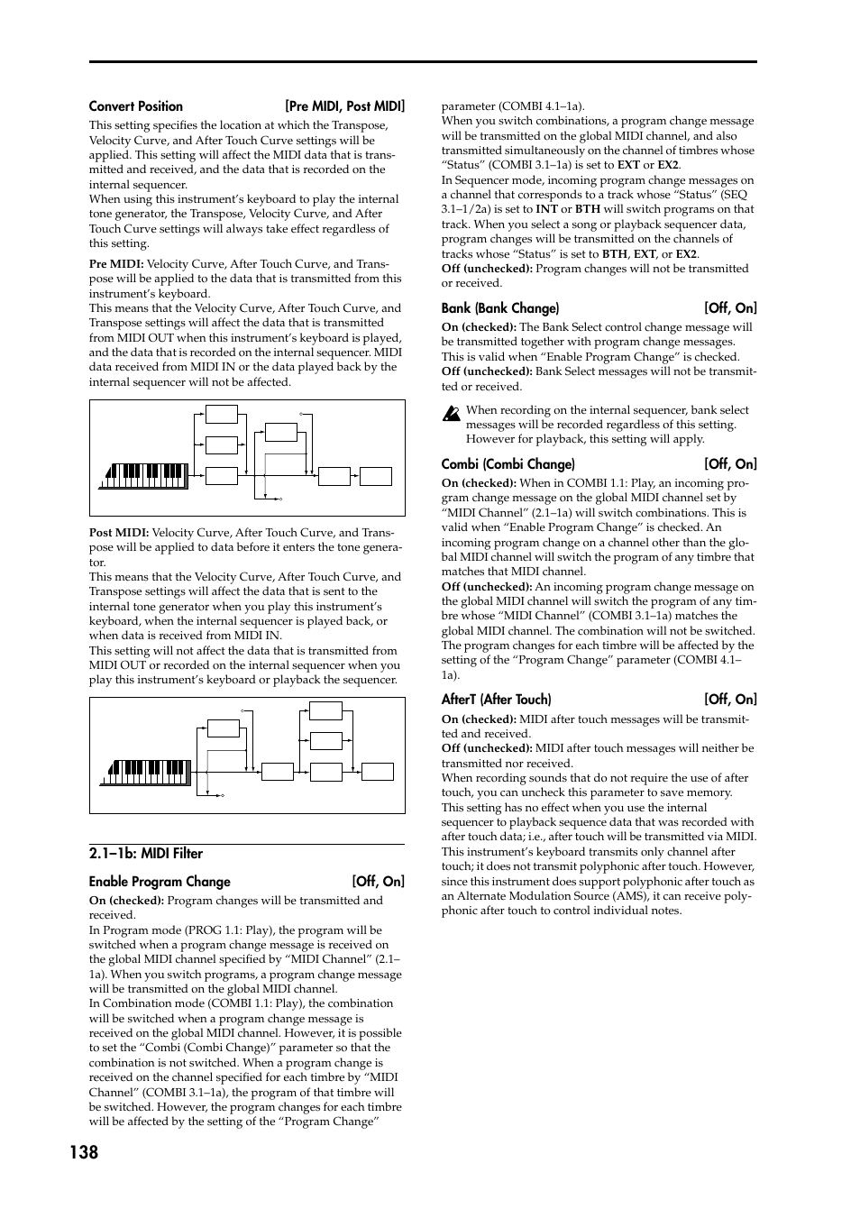 1–1b: midi filter, Convert position [pre midi, post midi, Enable program change [off, on | Bank (bank change) [off, on, Combi (combi change) [off, on, Aftert (after touch) [off, on | KORG TRITON STUDIO music workstation User Manual | Page 148 / 305