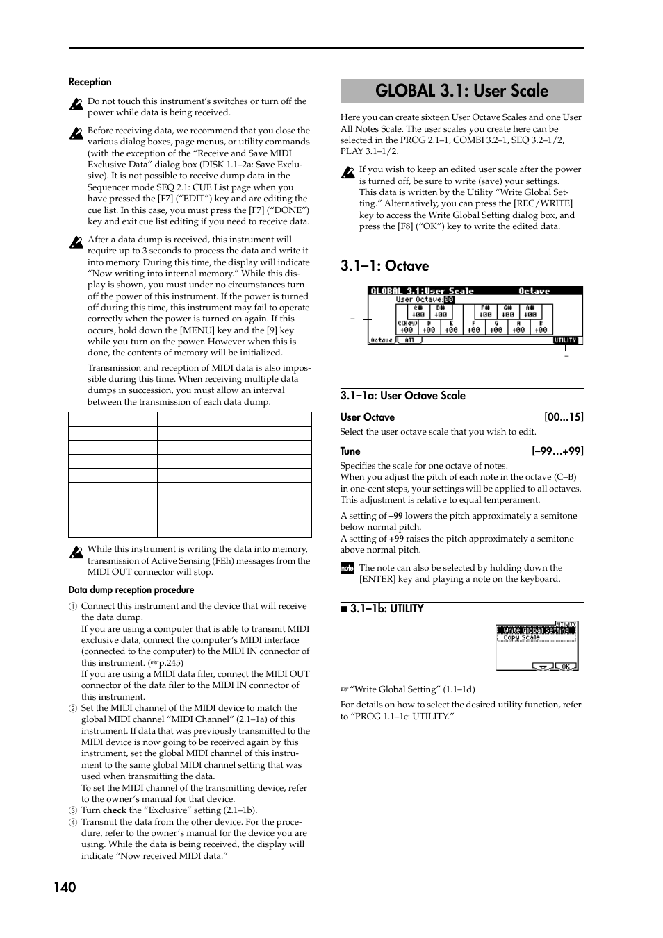 Global 3.1: user scale, 1–1: octave, 1–1a: user octave scale | N 3.1–1b: utility, Om an external midi sequencer, P.140) | KORG TRITON STUDIO music workstation User Manual | Page 150 / 305