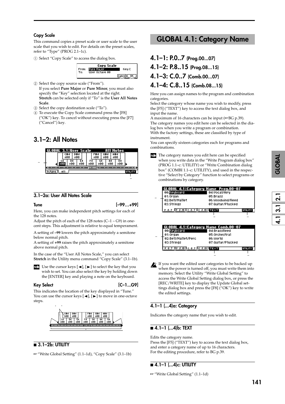 1–2: all notes, 1–2a: user all notes scale, N 3.1–2b: utility | Global 4.1: category name, 1–1: p.0 (prog.00 ), 1–2: p.8 (prog.08 ), 1–3: c.0 (comb.00 ), 1–4: c.8 (comb.08 ), 1–1 ( )a: category, N 4.1–1 ( )b: text | KORG TRITON STUDIO music workstation User Manual | Page 151 / 305