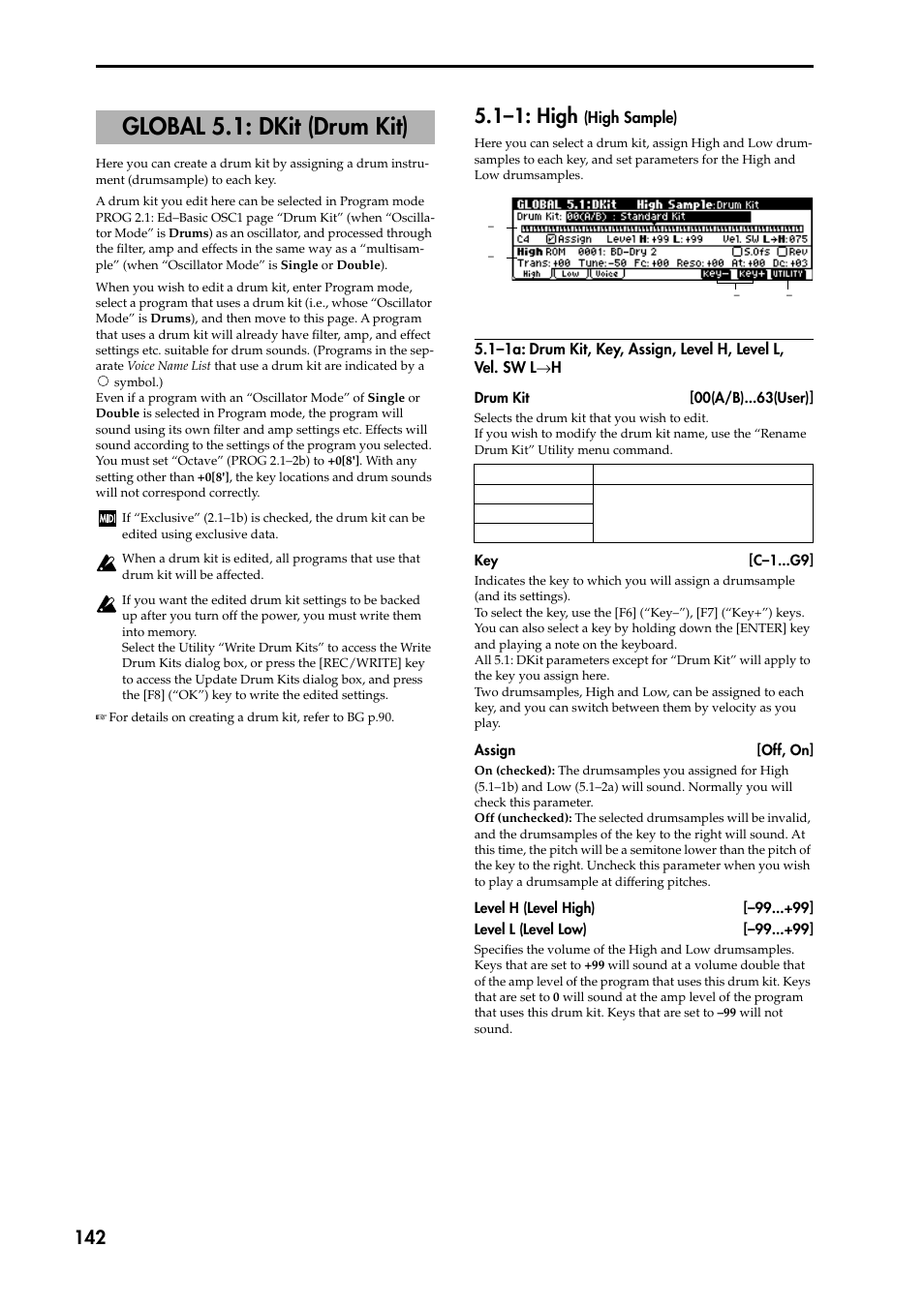 Global 5.1: dkit (drum kit), 1–1a: drum kit, key, assign, level h, level l, v, 1–1: high (high sample) | P.142), 1–1: high | KORG TRITON STUDIO music workstation User Manual | Page 152 / 305