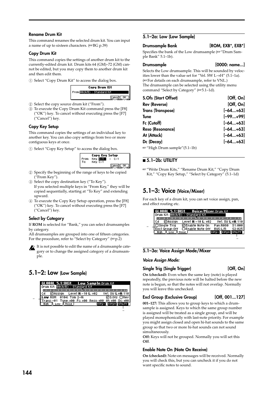 1–2: low (low sample), N 5.1–2b: utility, 1–3: voice (voice/mixer) | 1–3a: voice assign mode/mixer, 1–2: low, 1–3: voice | KORG TRITON STUDIO music workstation User Manual | Page 154 / 305