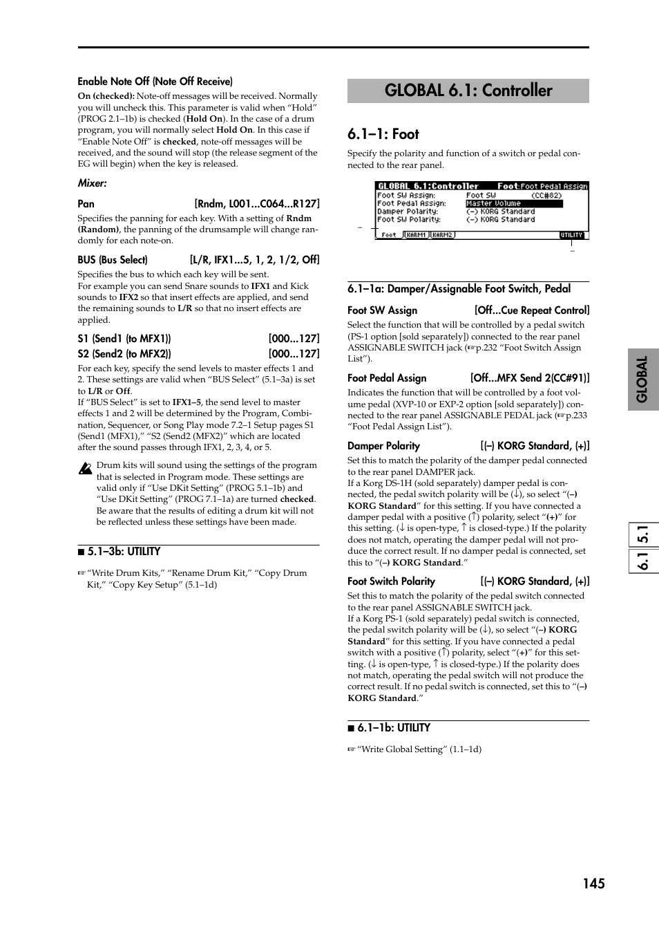 N 5.1–3b: utility, Global 6.1: controller, 1–1: foot | 1–1a: damper/assignable foot switch, pedal, N 6.1–1b: utility, Using a foot switch, P.145, P.145) | KORG TRITON STUDIO music workstation User Manual | Page 155 / 305