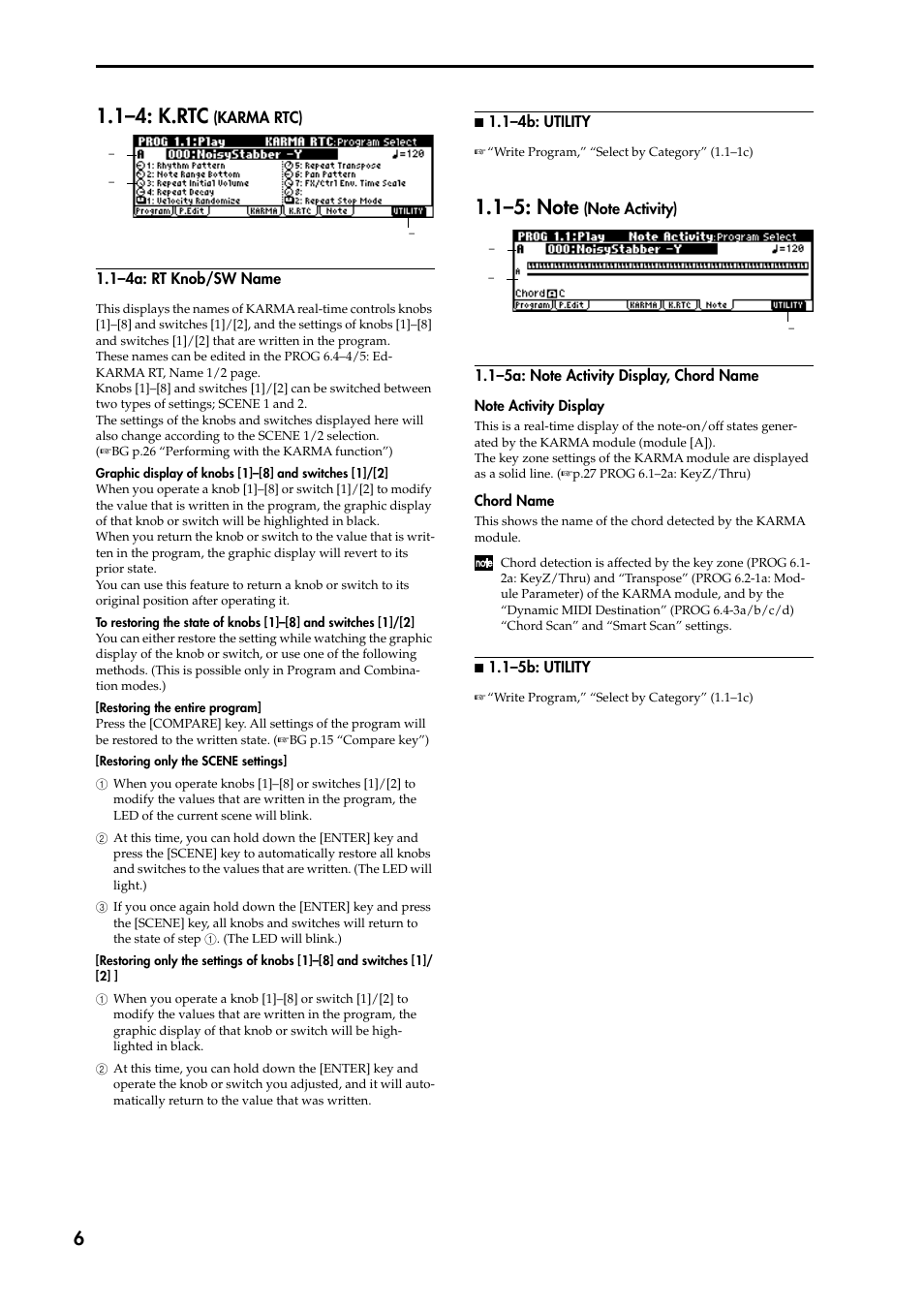 1–4a: rt knob/sw name, N 1.1–4b: utility, 1–5a: note activity display, chord name | N 1.1–5b: utility, 1–4: k.rtc (karma rtc), 1–5: note (note activity), 1–4: k.rtc | KORG TRITON STUDIO music workstation User Manual | Page 16 / 305