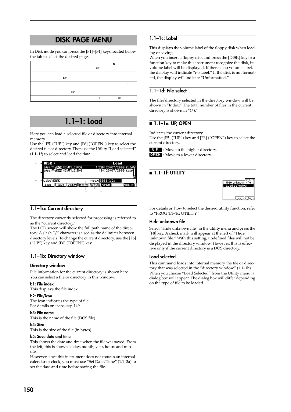 1–1: load, 1–1a: current directory, 1–1b: directory window | 1–1c: label, 1–1d: file select, N 1.1–1e: up, open, N 1.1–1f: utility, Disk page menu | KORG TRITON STUDIO music workstation User Manual | Page 160 / 305