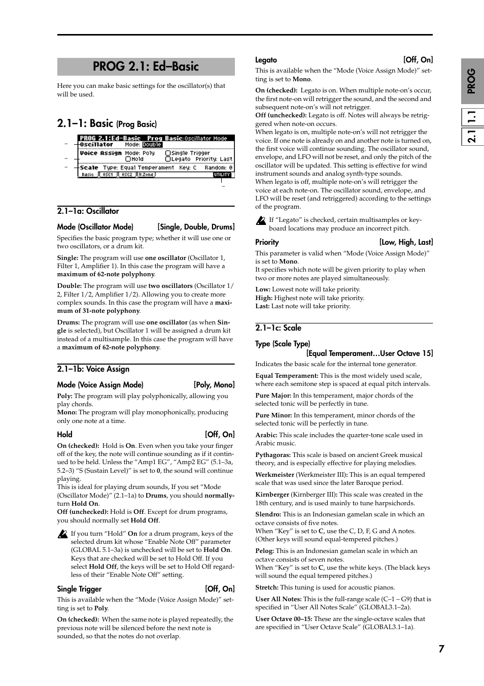 Prog 2.1: ed–basic, 1–1: basic (prog basic), 1–1a: oscillator | 1–1b: voice assign, 1–1c: scale, P.7), 1–1: basic | KORG TRITON STUDIO music workstation User Manual | Page 17 / 305