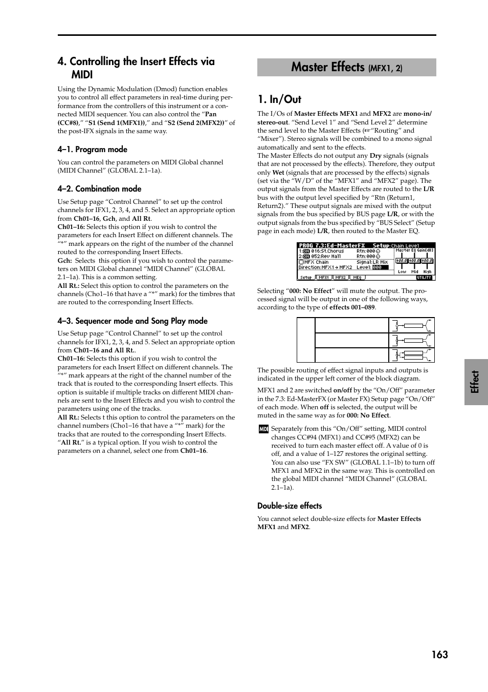 4–1. program mode, 4–2. combination mode, 4–3. sequencer mode and song play mode | Master effects (mfx1, 2), In/out, Double-size effects, Controlling the insert effects via midi, Master effects, Ef fect 163 | KORG TRITON STUDIO music workstation User Manual | Page 173 / 305