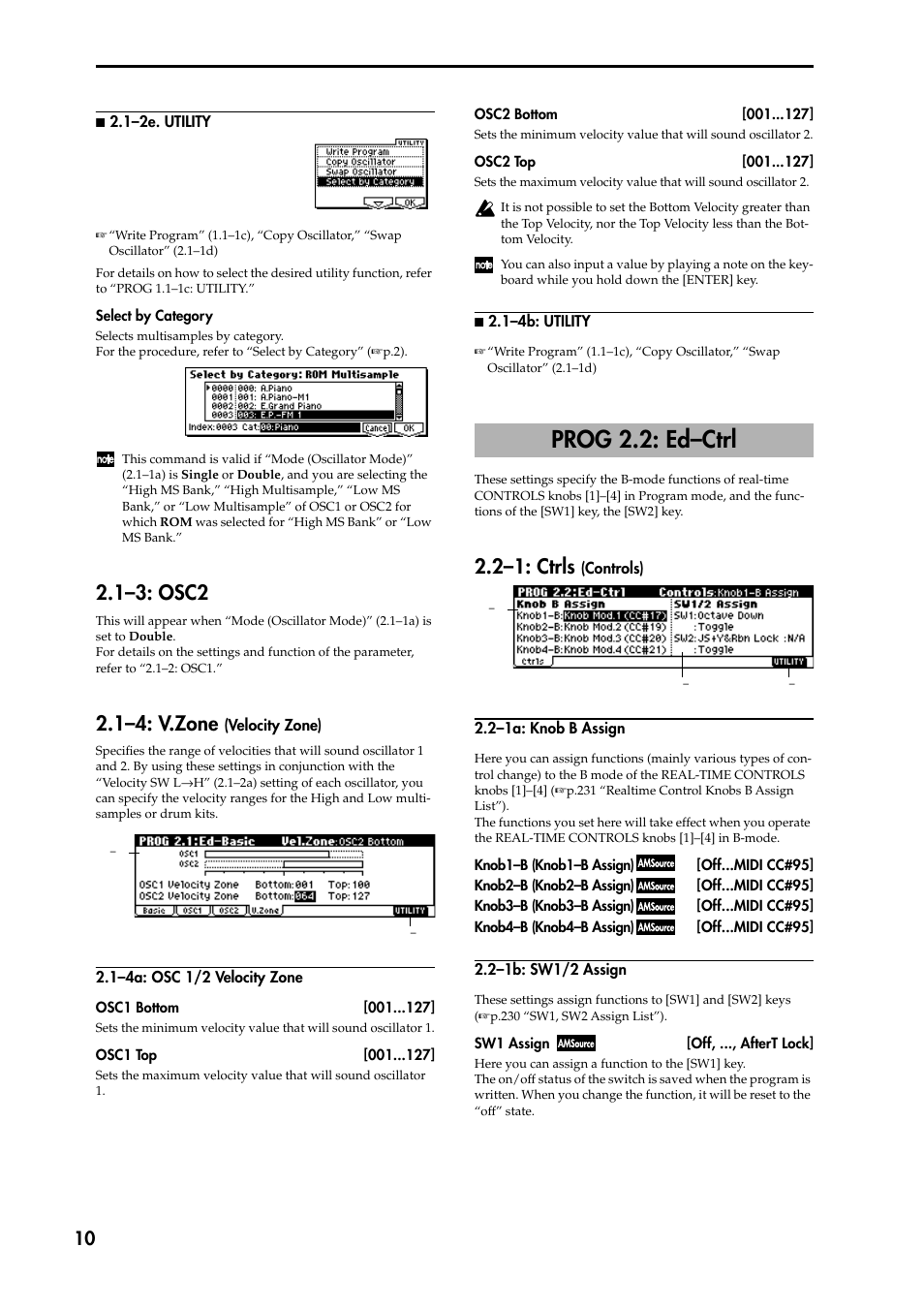 N 2.1–2e. utility, 1–3: osc2, 1–4: v.zone (velocity zone) | 1–4a: osc 1/2 velocity zone, N 2.1–4b: utility, Prog 2.2: ed–ctrl, 2–1: ctrls (controls), 2–1a: knob b assign, 2–1b: sw1/2 assign, P.10) | KORG TRITON STUDIO music workstation User Manual | Page 20 / 305