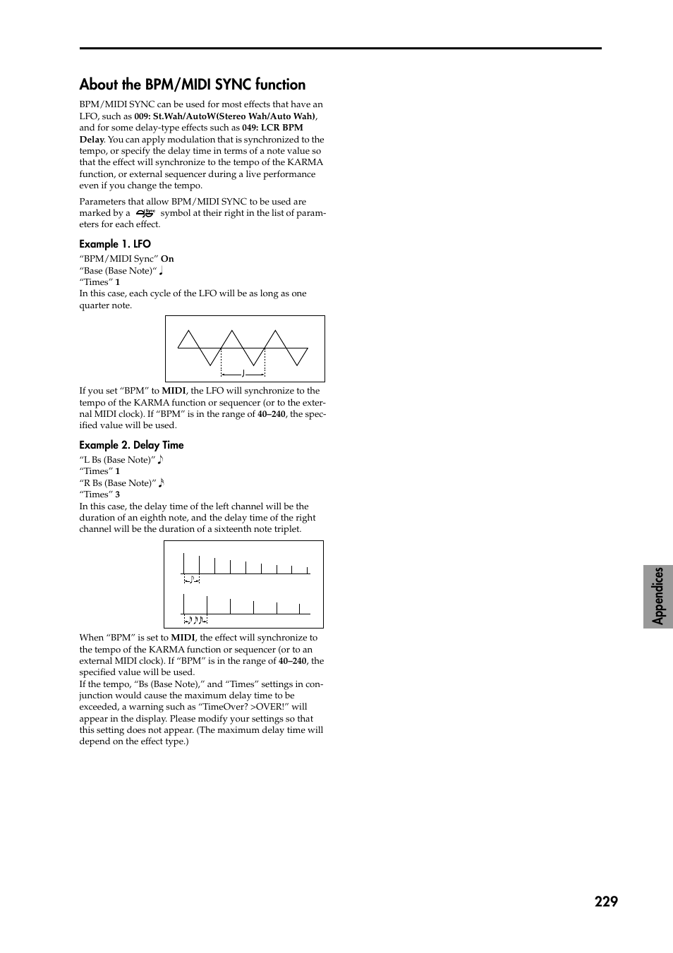 About the bpm/midi sync function, Appendices 229 | KORG TRITON STUDIO music workstation User Manual | Page 239 / 305