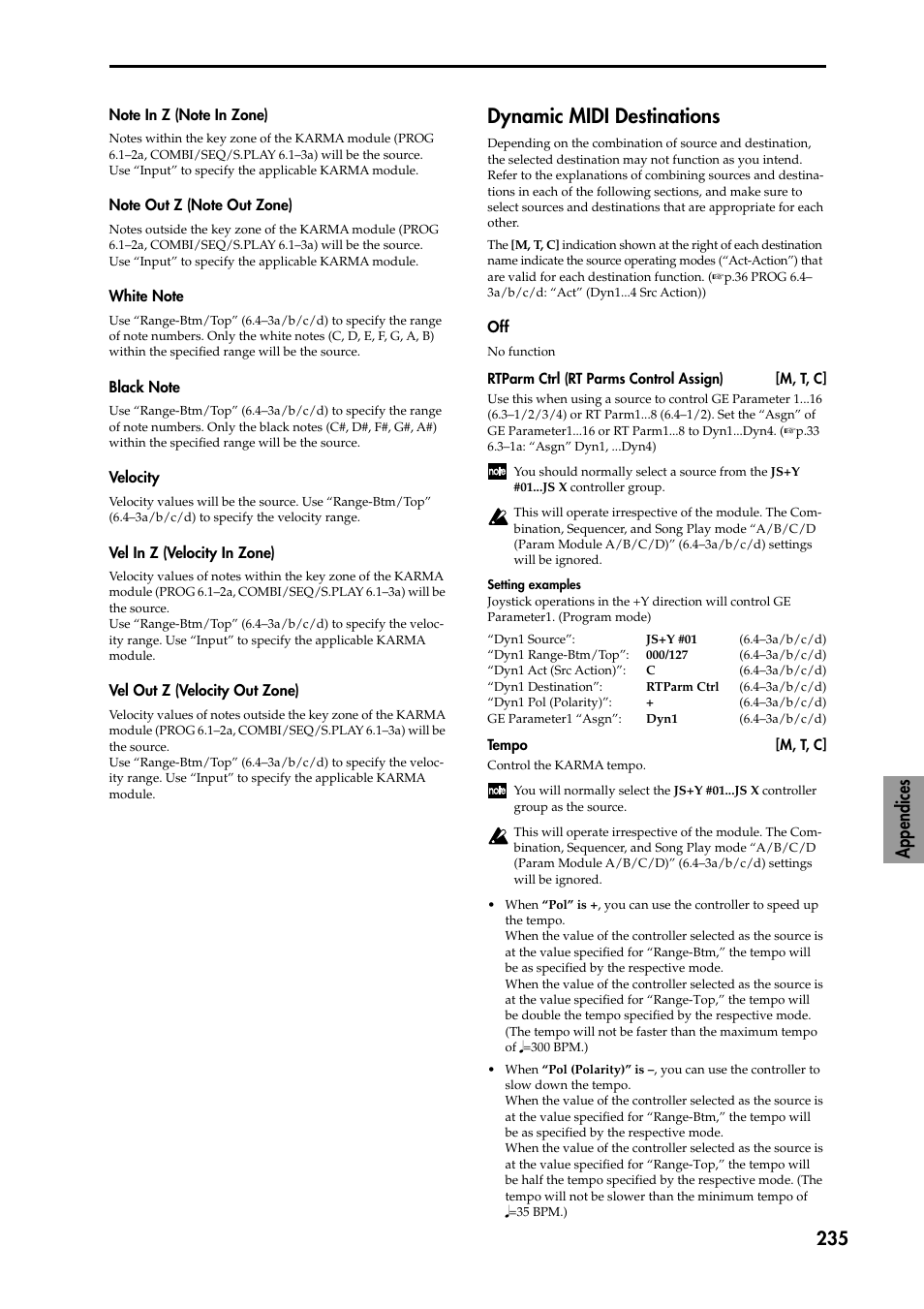 Note out z (note out zone), White note, Black note | Velocity, Vel in z (velocity in zone), Vel out z (velocity out zone), Dynamic midi destinations, P.235 “dynamic midi destinations”), Appendices 235 | KORG TRITON STUDIO music workstation User Manual | Page 245 / 305