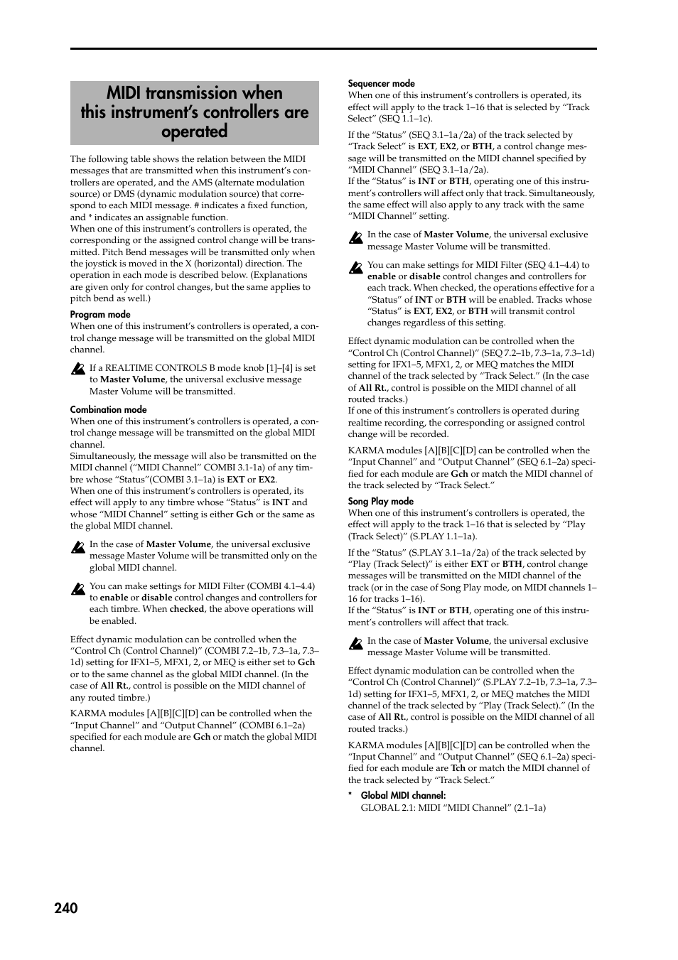 Midi transmission when this instrument’s controlle | KORG TRITON STUDIO music workstation User Manual | Page 250 / 305