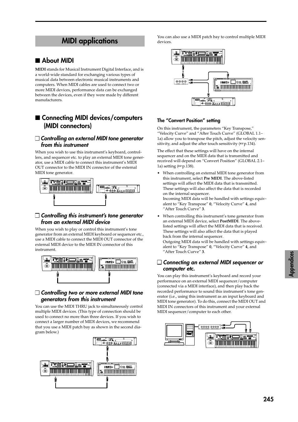 Midi applications, Nabout midi, N connecting midi devices/computers (midi connecto | The “convert position” setting, Ument, P.245), About midi, Appendices 245 | KORG TRITON STUDIO music workstation User Manual | Page 255 / 305