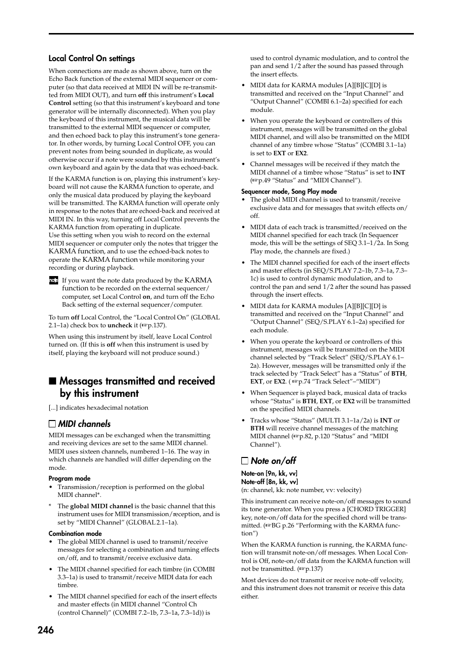 Local control on settings, N messages transmitted and received by this instru, Midi channels | KORG TRITON STUDIO music workstation User Manual | Page 256 / 305