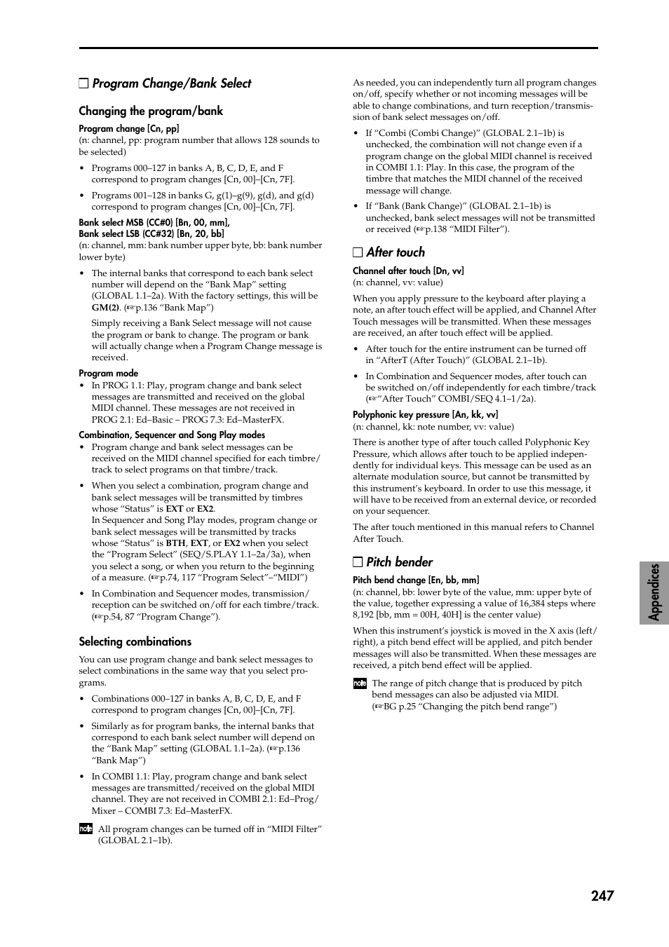 Changing the program/bank, Selecting combinations, Appendices 247 | Program change/bank select, After touch, Pitch bender | KORG TRITON STUDIO music workstation User Manual | Page 257 / 305