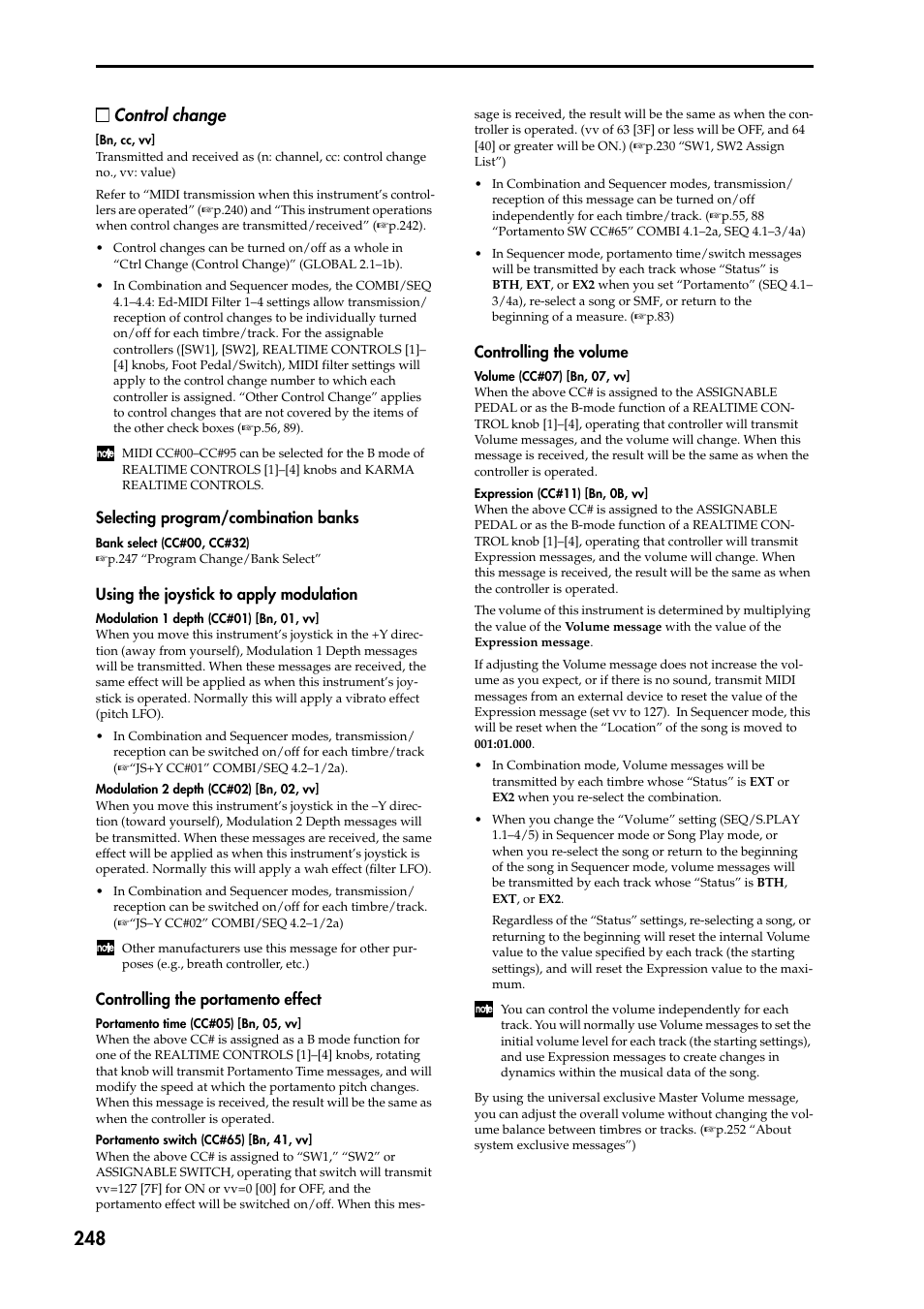 Selecting program/combination banks, Using the joystick to apply modulation, Controlling the portamento effect | Controlling the volume, Control change | KORG TRITON STUDIO music workstation User Manual | Page 258 / 305